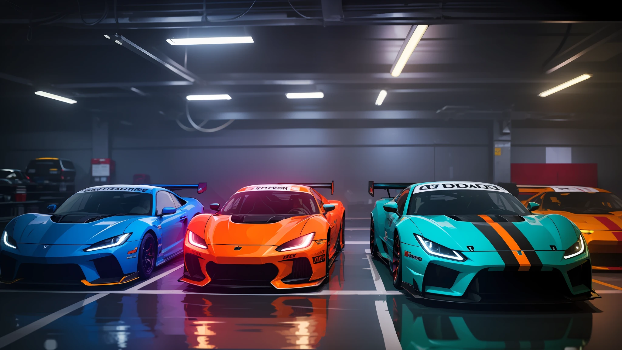 "Captivatingly vibrant and immersive garage atmosphere featuring sleek race cars."