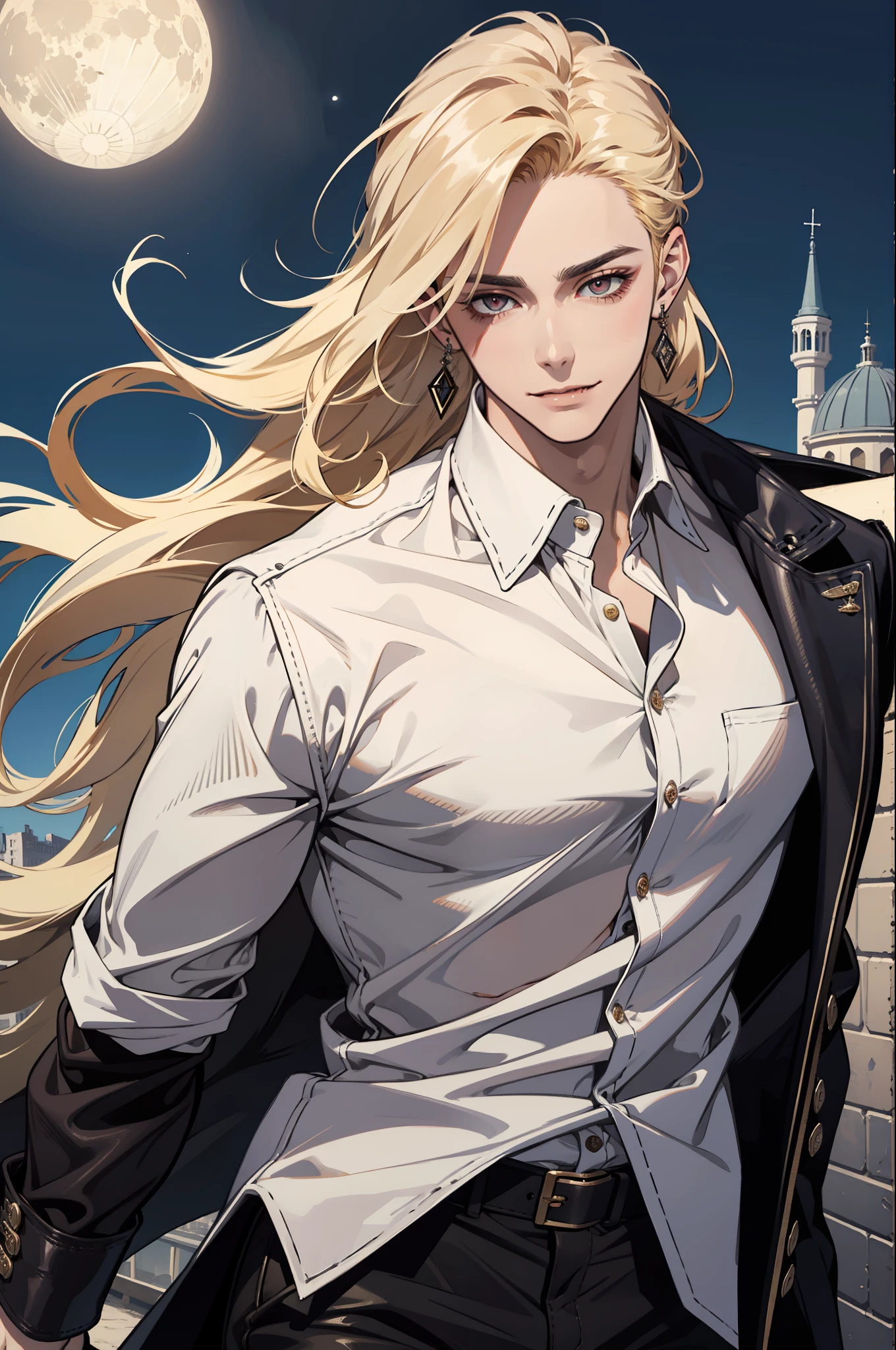 (absurdres, highres, ultra detailed), 1man, 30 years old man, adult man, handsome, tall,, finely detailed eyes and detailed face, leather pants, (((white shirt))), night, smile, dutch angle, ((long hair, blonde hair)), moon, gold details, earrings, gothic, vampire, vampire prince, dark, simple clothes, looking at the view, pale skin, red detailed eyes, (masculine), sexy, elegant, long bangs, detailed hands