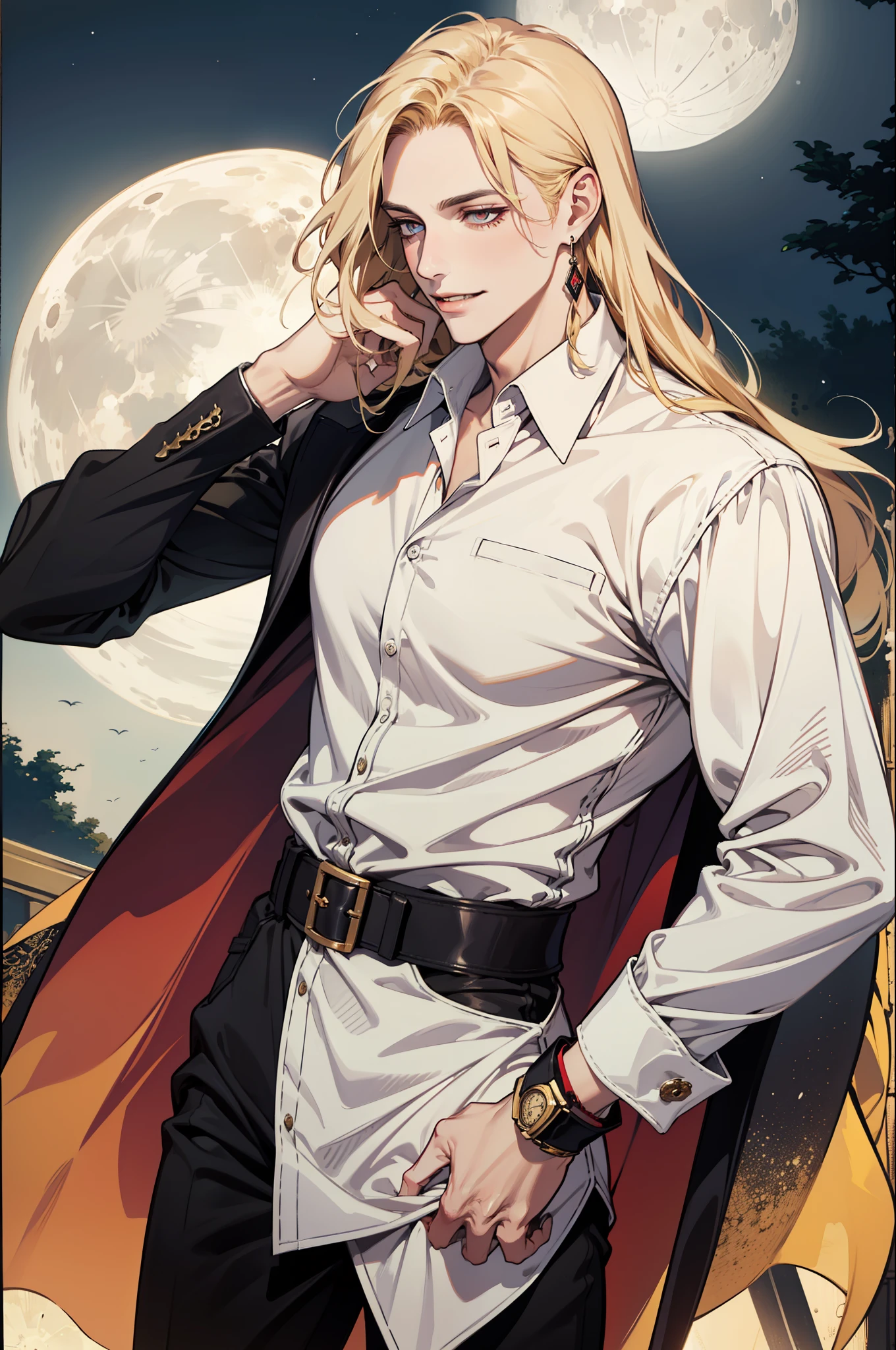 (absurdres, highres, ultra detailed), 1man, 30 years old man, adult man, handsome, tall,, finely detailed eyes and detailed face, leather pants, (((white shirt))), night, smile, dutch angle, ((long hair, blonde hair)), moon, gold details, earrings, gothic, vampire, vampire prince, dark, simple clothes, looking at the view, pale skin, red detailed eyes, (masculine), sexy, elegant, long bangs, detailed hands