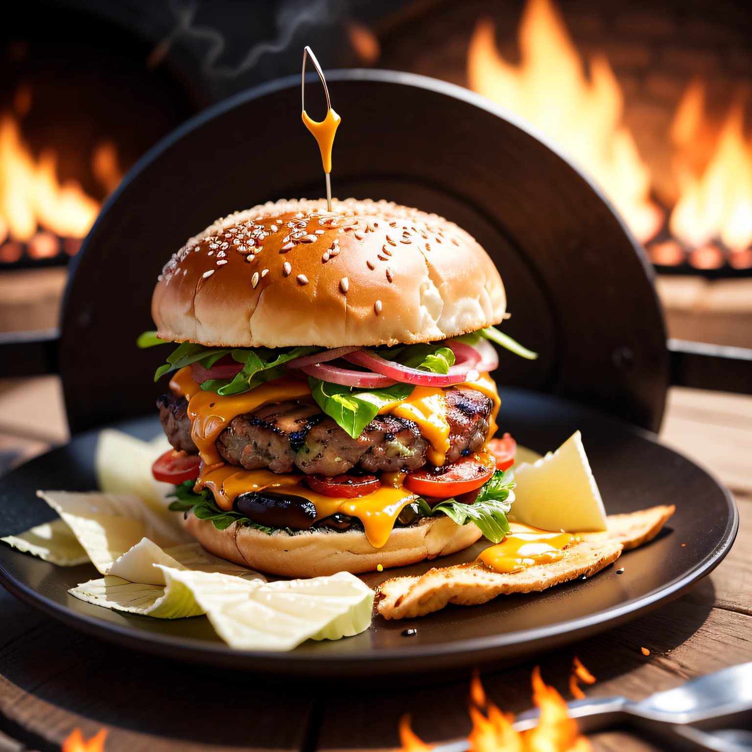 A close-up scene of a handmade burger on a charcoal grill, with the flames dancing underneath. The intense light of the grill enhances the juiciness of the meat, creating a dramatic contrast with the golden bread. The smoky aroma permeates the air, while melted cheese drips over the juicy meat. It is an image that arouses the appetite and evokes the sensation of a juicy meal in the open air.