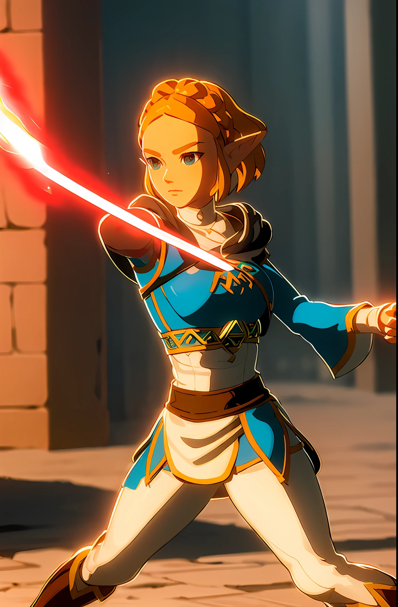 zelda\(princess\) with the power of a lightsaber ignites her lightsaber in fencing stance posing ready to fight