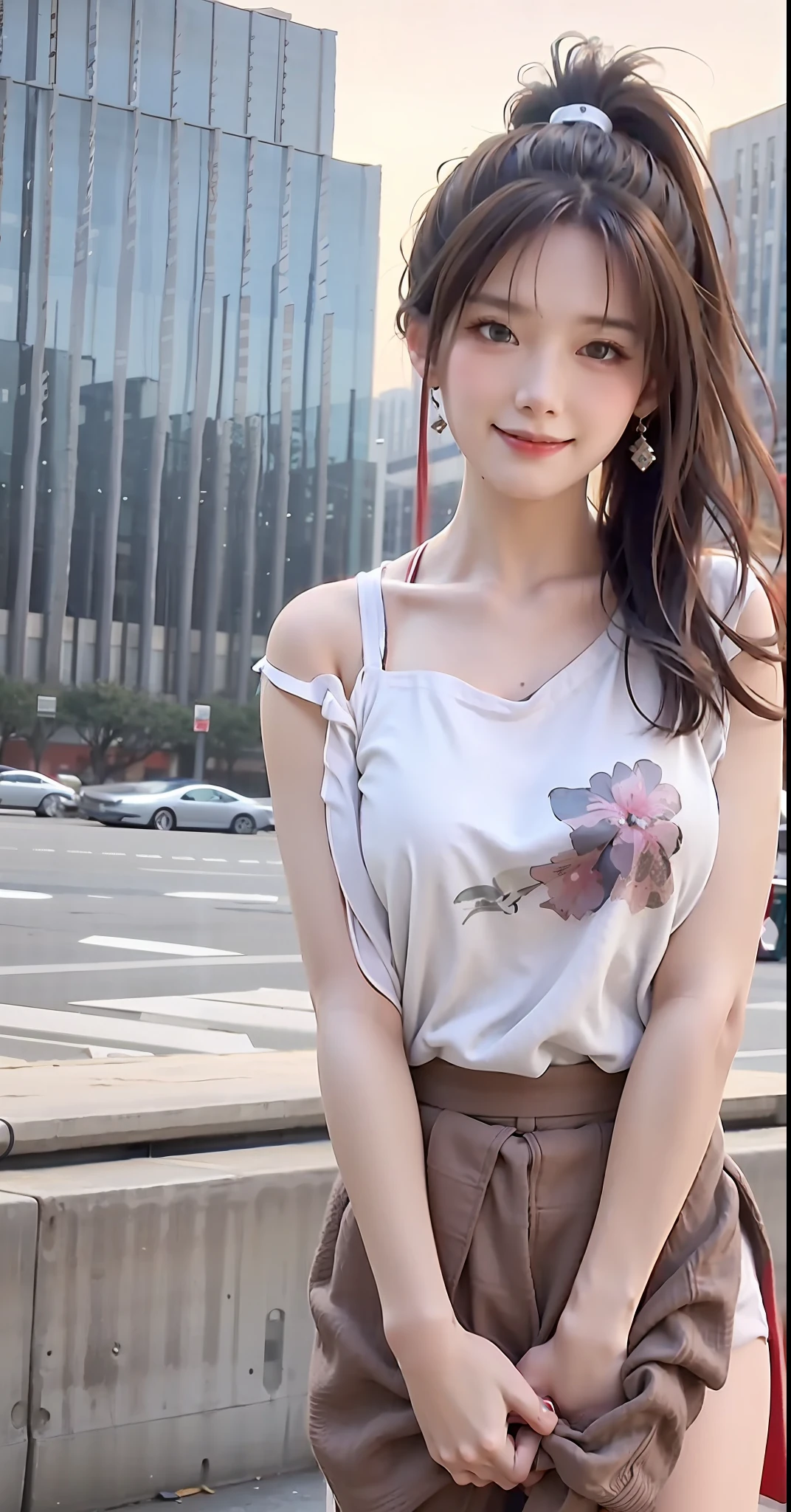 masterpiece, best quality, highres, (photorealistic:1.4), earrings, (depth of field:1.8), beautiful Korean girl, thigh gap, 1 girl, long hair, ponytail, (solo:1.1), red, (slit skirt curtain:1.5),(halter neck t-shirt), shinobi, ninja, bare shoulder, elbow gloves,  (looking at viewer:1.2), (smile:1.2), (full body:1.), (in the city:1.5), medium breast,  (pureerosface_v1:0.5),