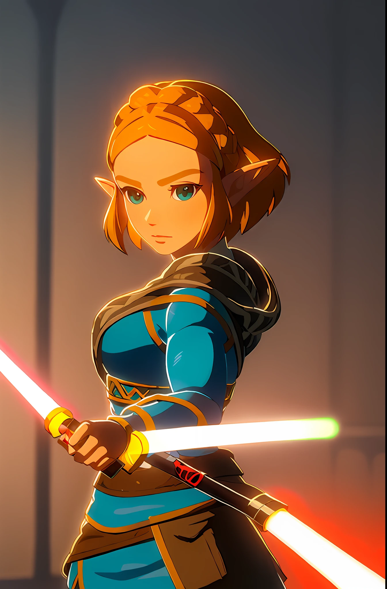 zelda\(princess\) with the power of a lightsaber ignites her lightsaber in fencing stance posing ready to fight