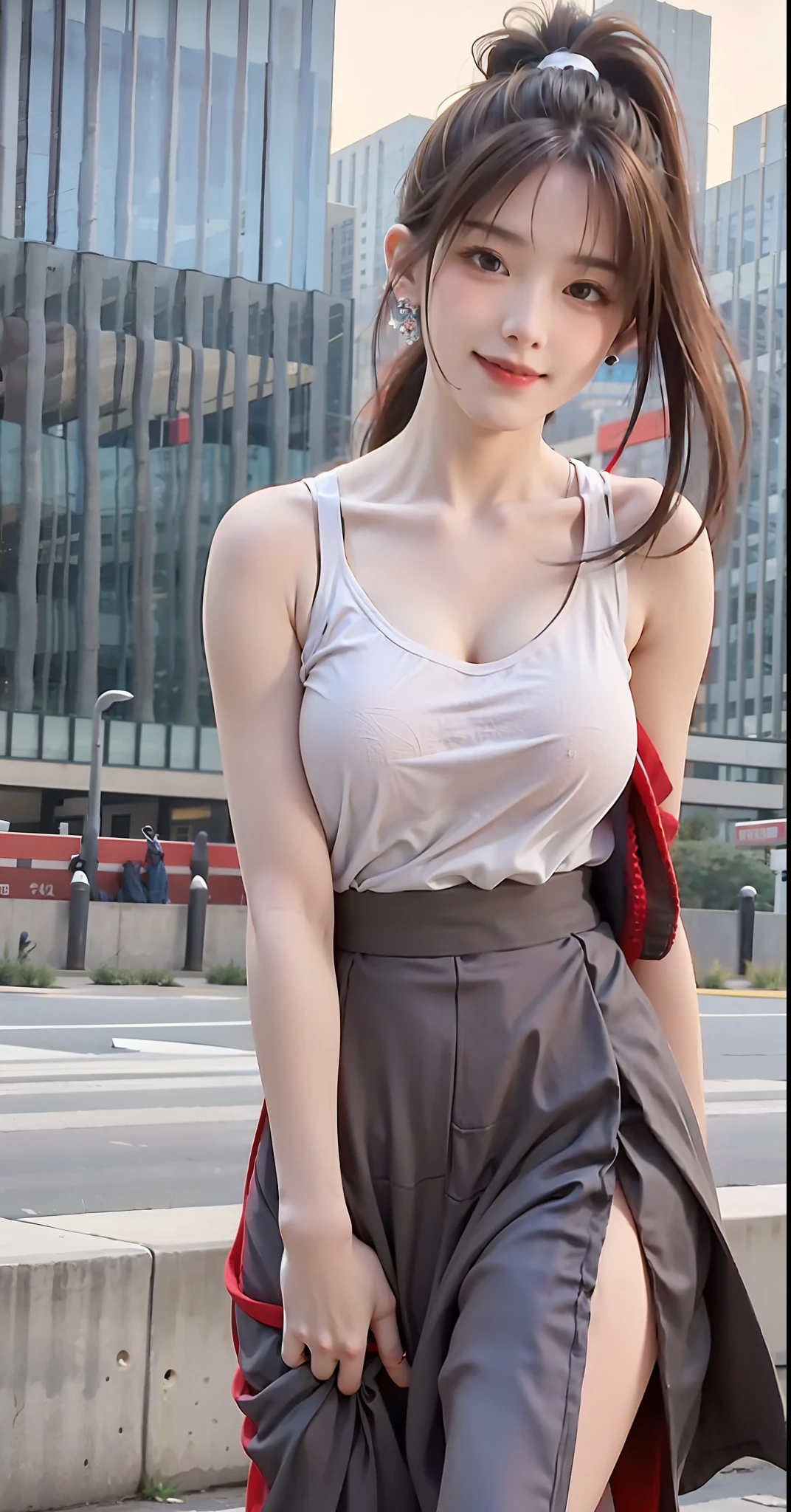 masterpiece, best quality, highres, (photorealistic:1.4), earrings, (depth of field:1.8), beautiful Korean girl, thigh gap, 1 girl, long hair, ponytail, (solo:1.1), red, (slit skirt curtain:1.5),(halter neck t-shirt), shinobi, ninja, bare shoulder, elbow gloves,  (looking at viewer:1.2), (smile:1.2), (full body:1.), (in the city:1.5), medium breast,  (pureerosface_v1:0.5),