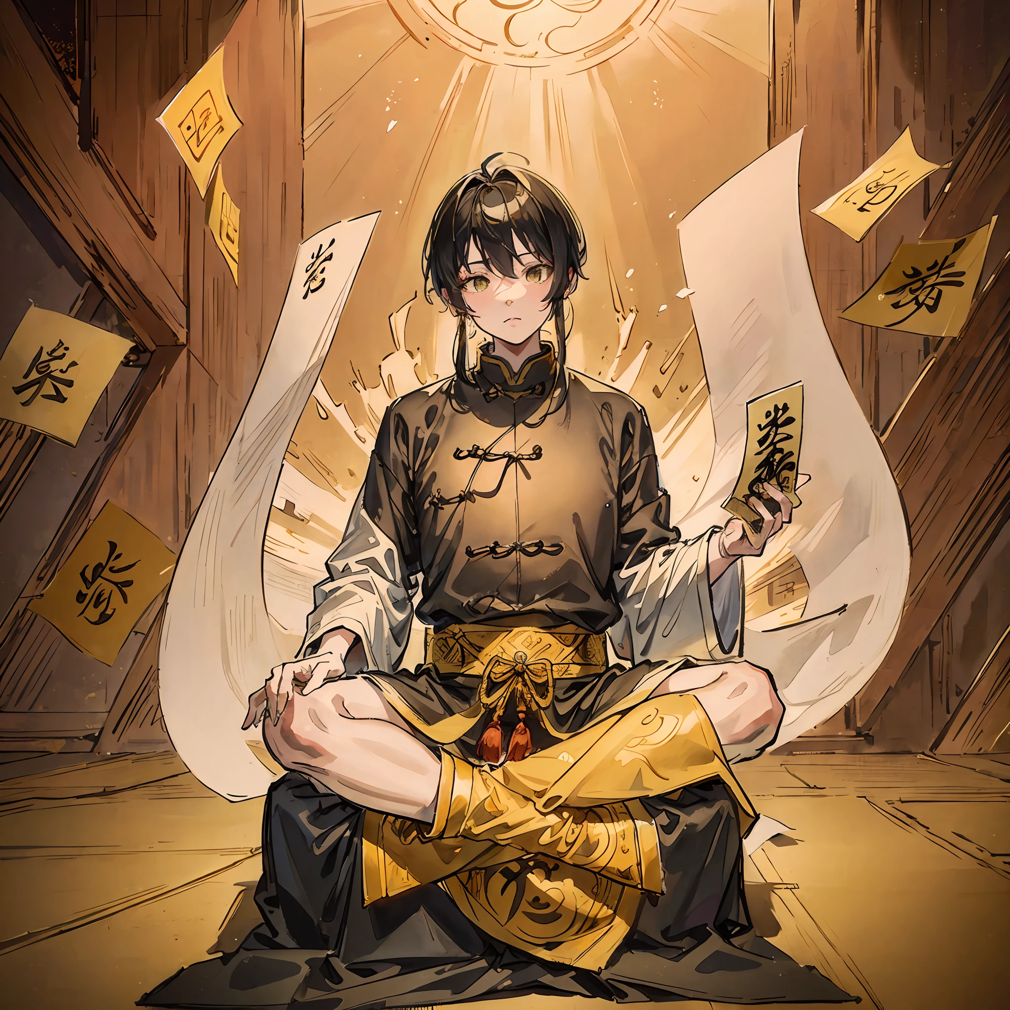 In the background is a Tai Chi Bagua picture, in the center sits a Taoist priest, holding yellow rune paper, surrounded by golden light, in the Taoist temple, the best quality, Chinese ink painting