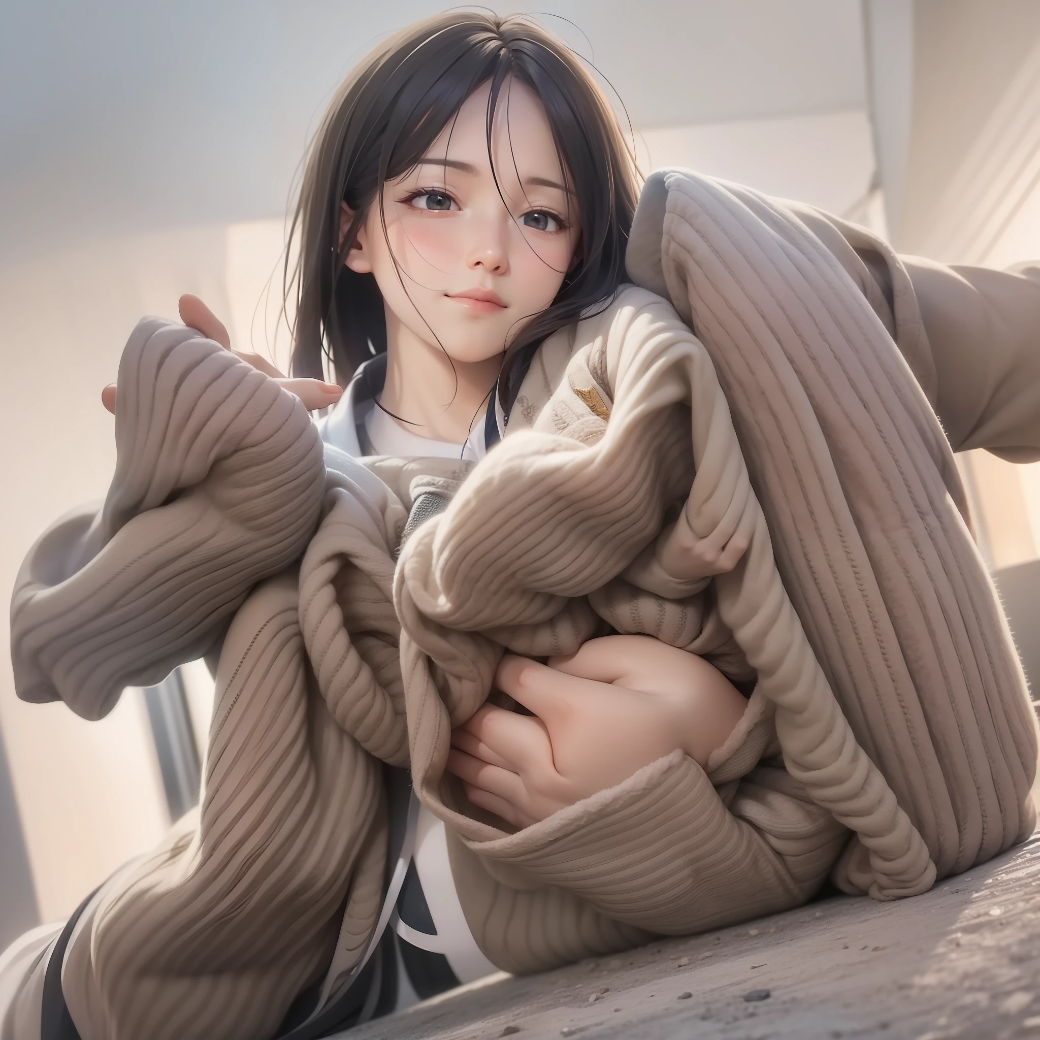 The woman in military equipment is taking off her pants with a shy expression