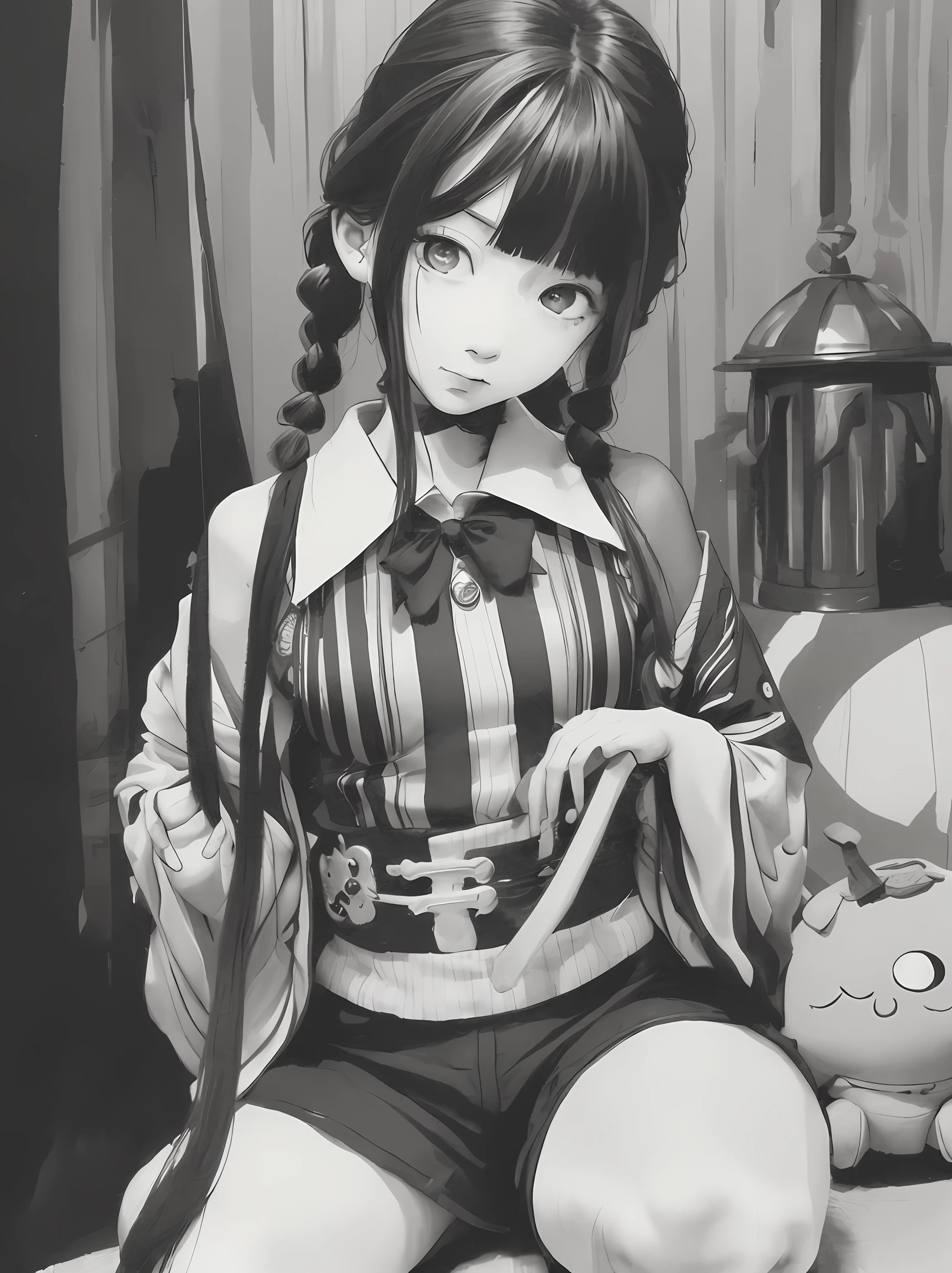 A vintage black and white photograph of a Japanese girl in a Japanese room, holding a sinister doll