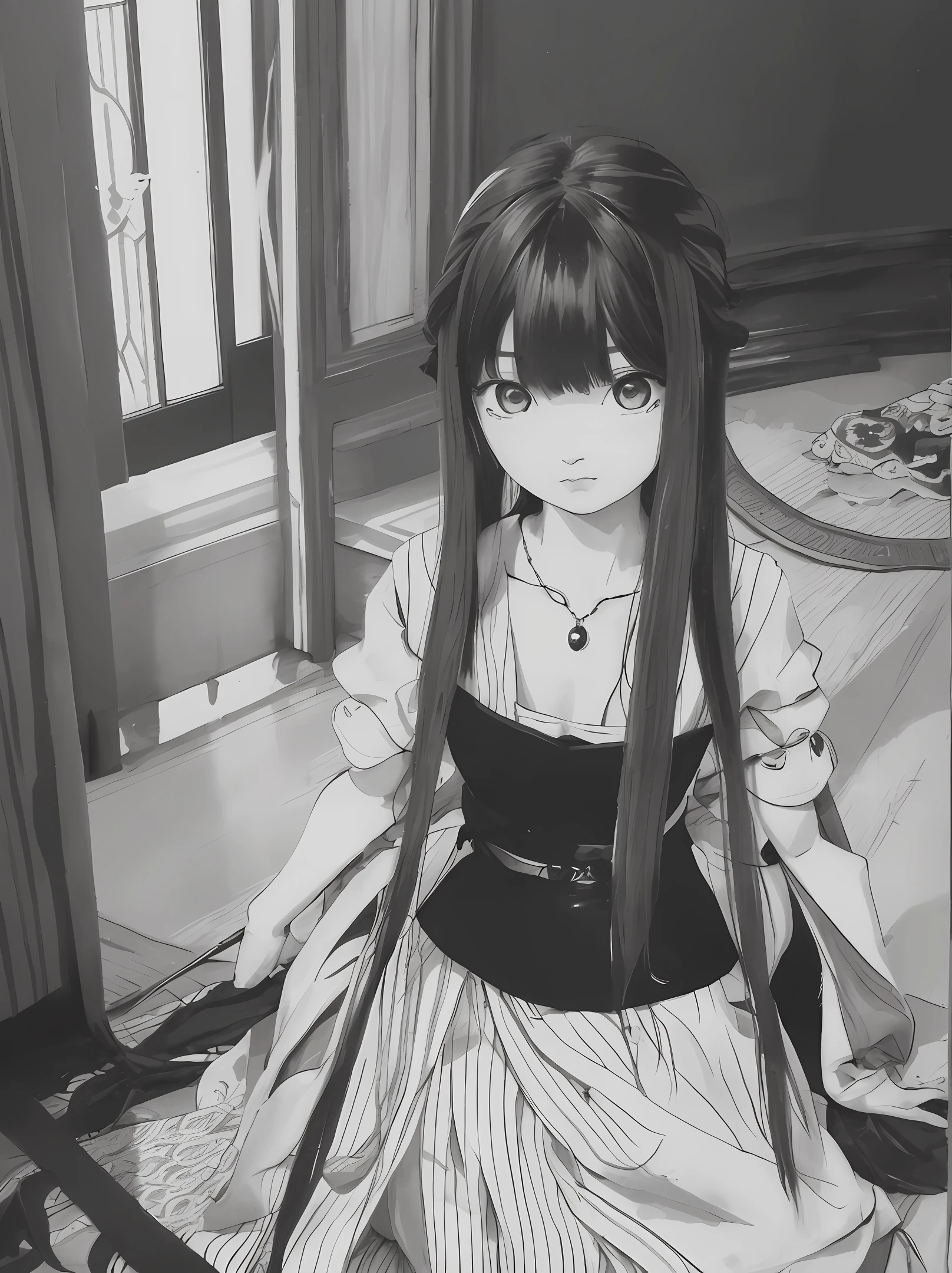 A vintage black and white photograph of a Japanese girl in a Japanese room, holding a sinister doll