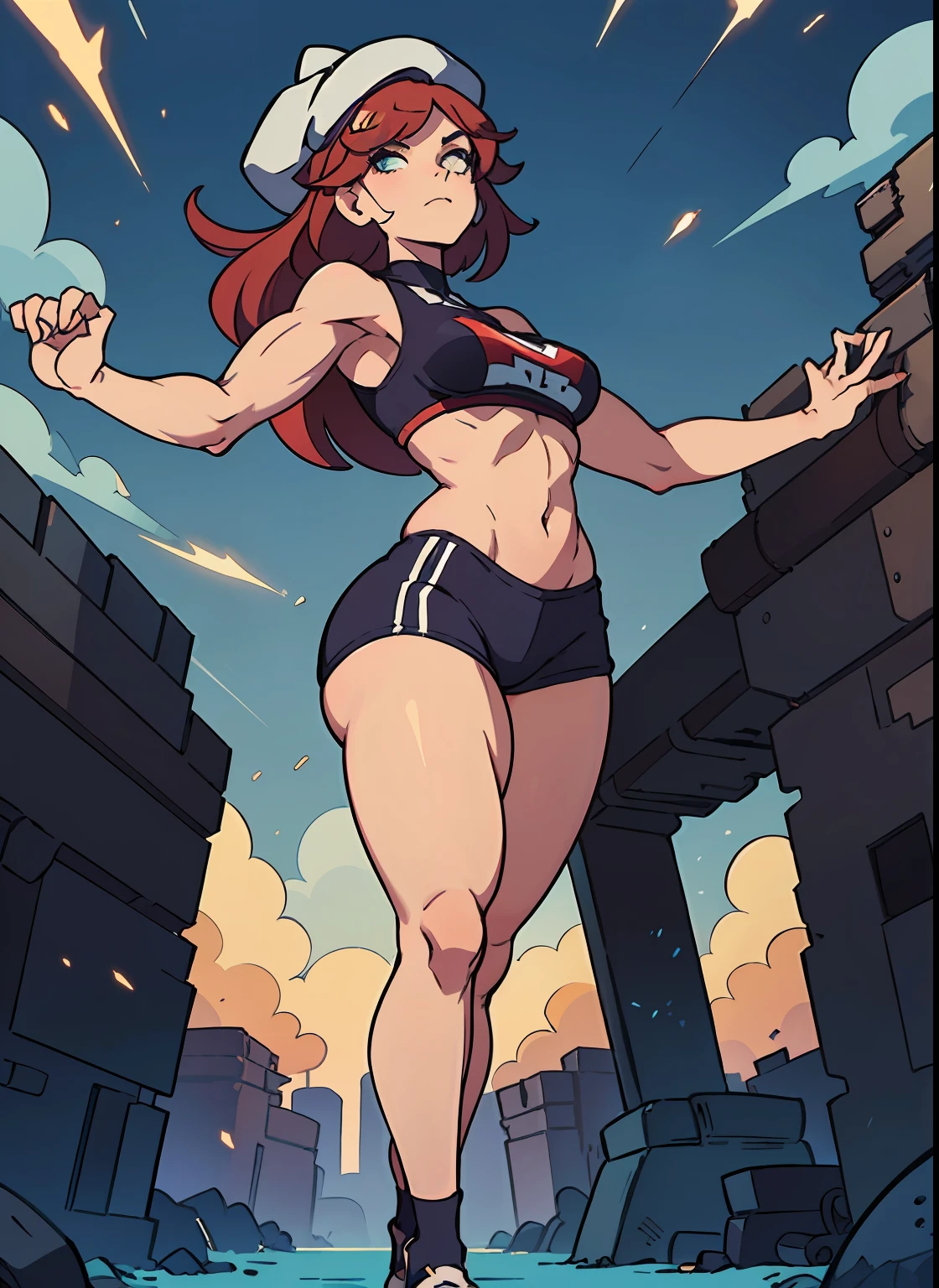 there is a woman that is standing with a hat on, incredibly strong and tall, strong pose, posing and flexing, exposed thighs!!!, thicc, powerful pose, fullest body, legs and arms, well toned, strong and tall, hands behind her body pose!, pretty face with arms and legs, toned body, tall and strong