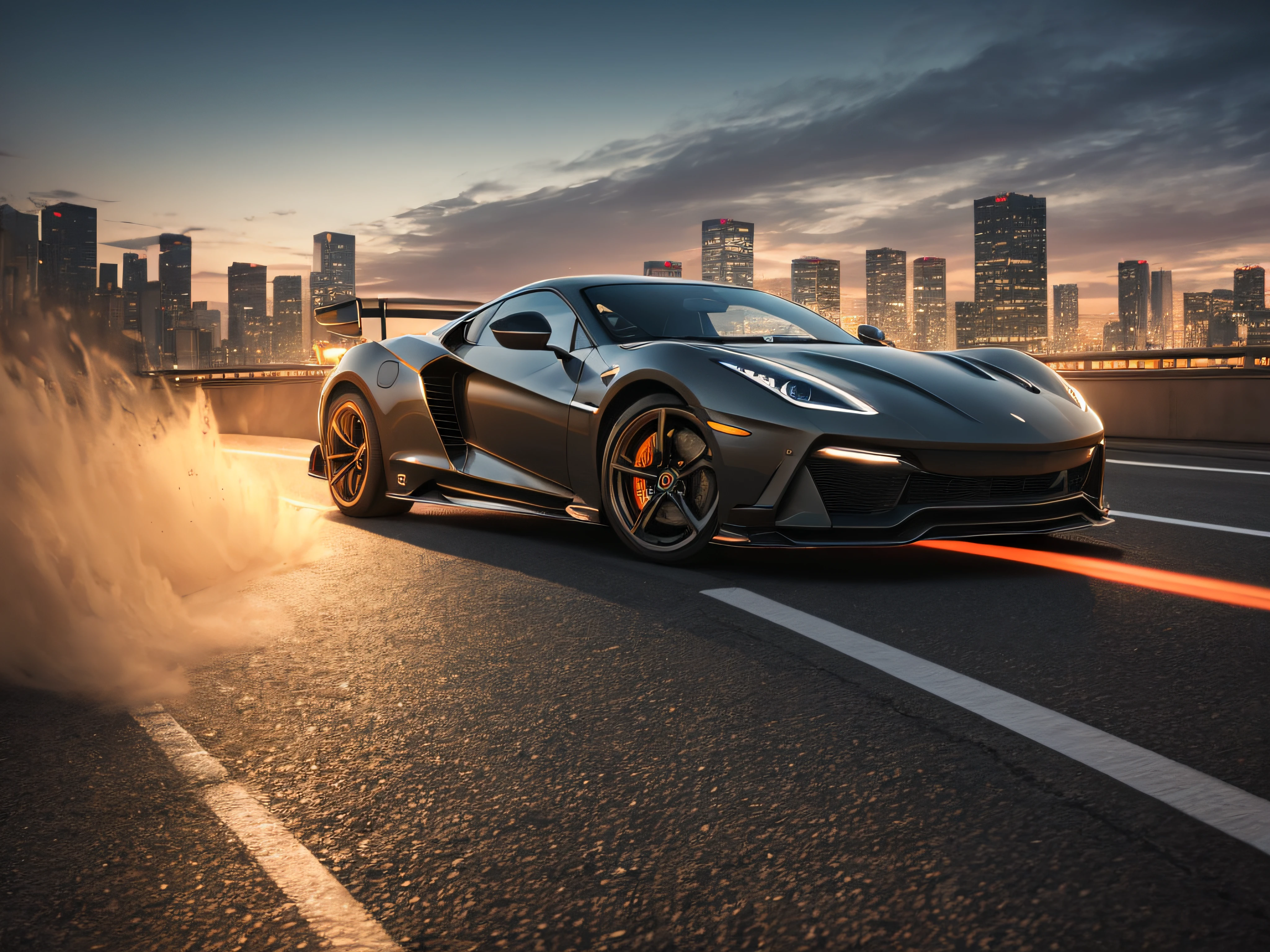 photo of a supercar, 8k uhd, high quality, road, motion blur, depth blur, cinematic, filmic image 4k, 8k with [George Miller's Mad Max style]. The image should be [ultra-realistic], with [high-resolution] captured in [natural light]. The lighting should create [soft shadows] and showcase the [raw] and [vibrant colors], A supercar running on the Metropolitan Expressway in Tokyo at night