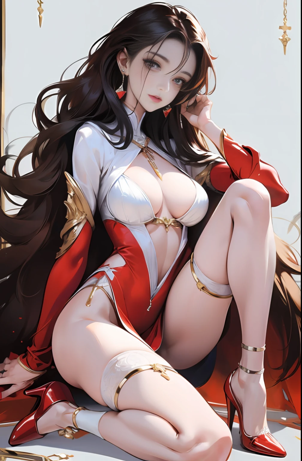 masterpiece, best quality,（realistic：1.3）,realskin,yuzu,high heel,(1 girl,(full body)),photo,aged 18, (red) dress,with long black hair,long legs, fantasy white high heels,  beautiful tailored figure, nsfw,(1girl), breasts,[Exquisite and gorgeous gemstone inlaid high heels],Pure white background,1girl, armor, black_hair, earri, ((red high heels)),