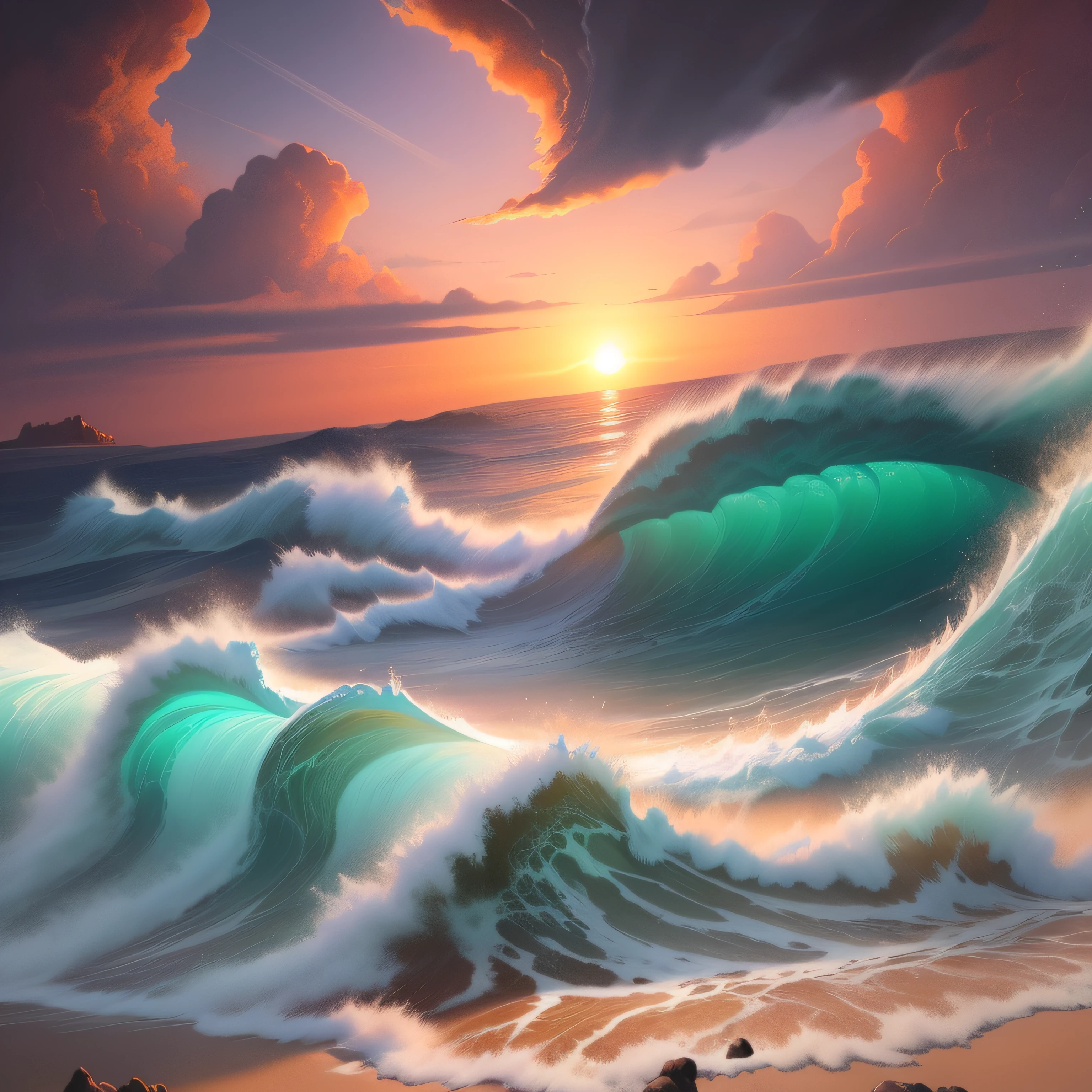 painting of a sunset over a wave breaking on a beach, highly detailed digital painting, beautiful digital painting, stunning digital painting, gorgeous digital painting, very detailed digital painting, digital painting highly detailed, detailed digital painting, high detail digital painting, chaotic sea setting, epic digital painting, fantasy sea landscape, 8k resolution digital painting, 8 k resolution digital painting, vibrant digital painting