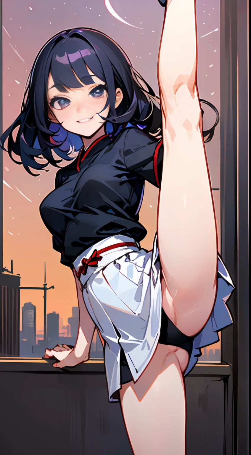 (Best Quality, 8k, Masterpiece: 1.3), 1 Girl, Smile, Pretty Japanese girl, Mini Skirt, Ultra Detailed Face, Detailed Eyes, Double Eyelids, city street, (Big breasts:1.2), Long Black Hair, T-shirt, good thigh, beautiful legs, from below, (panties), beautiful sky, looking at viewer, (ibalance standing_split, standing_on_one_leg, leg_up Holding leg:1.5)
