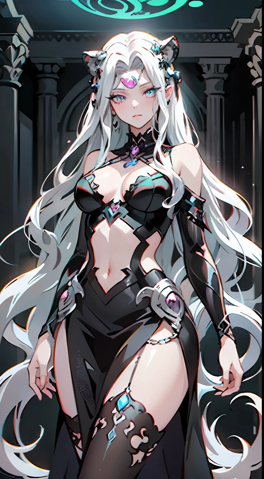 Medusa in Greek mythology, silver snake, black and silver skirt with black and neon lights, anime art style, baroque portraiture, colorful moebius, dark romantic illustration, lit child, gemstone, low resolution, dark white and light silver, woman core, bold brush strokes, Barbie Cole, scorpion-tailed lion