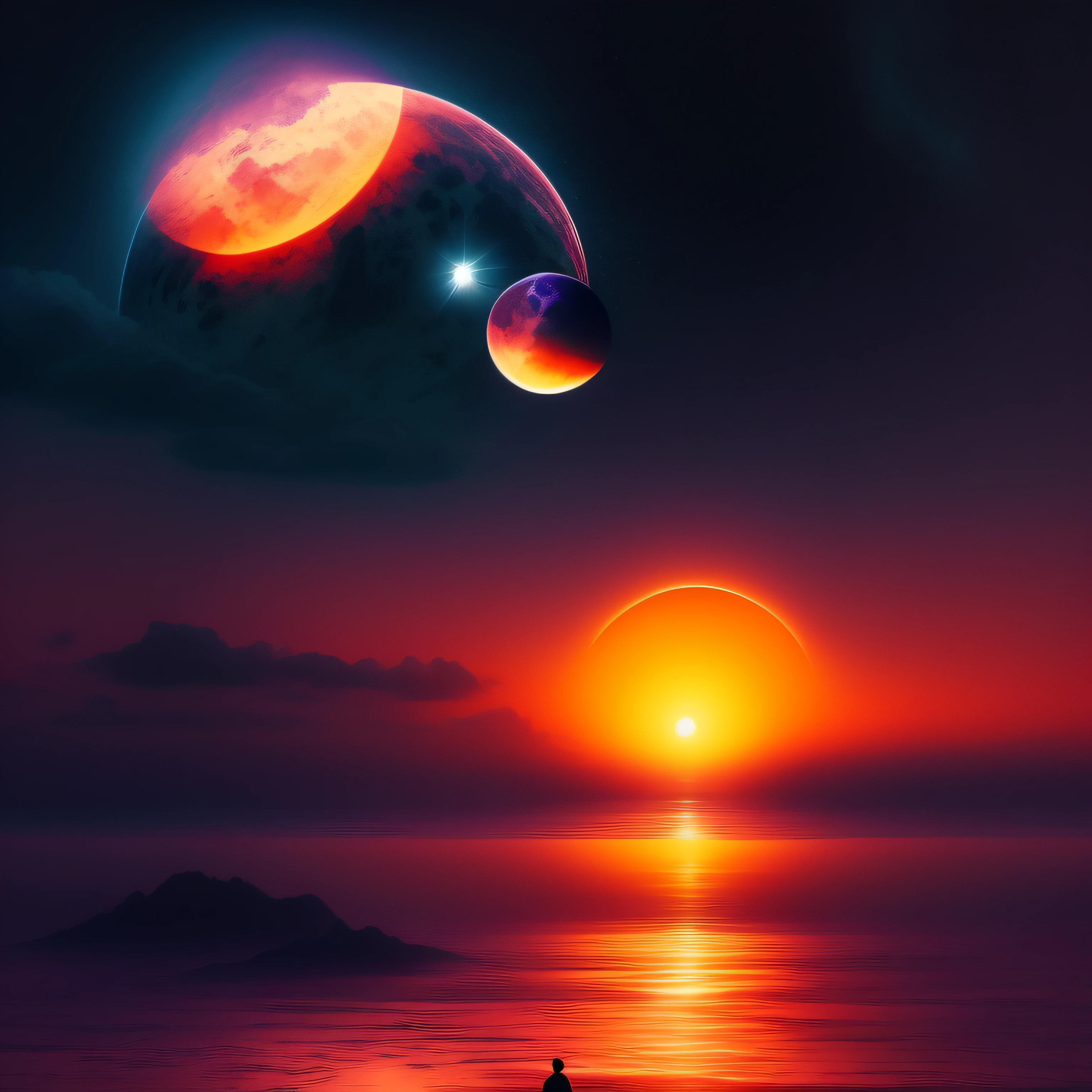 there is a man standing on the beach watching a large object, lush and colorful eclipse, colorful flat surreal ethereal, sunset illustration, beautiful iphone wallpaper, ringed planet in the sky, sunset on distant machine planet, atmospheric. digital painting, amazing wallpaper, planet in the sky, calm night. digital illustration, colorful sunset, rising from ocean, realism | beeple