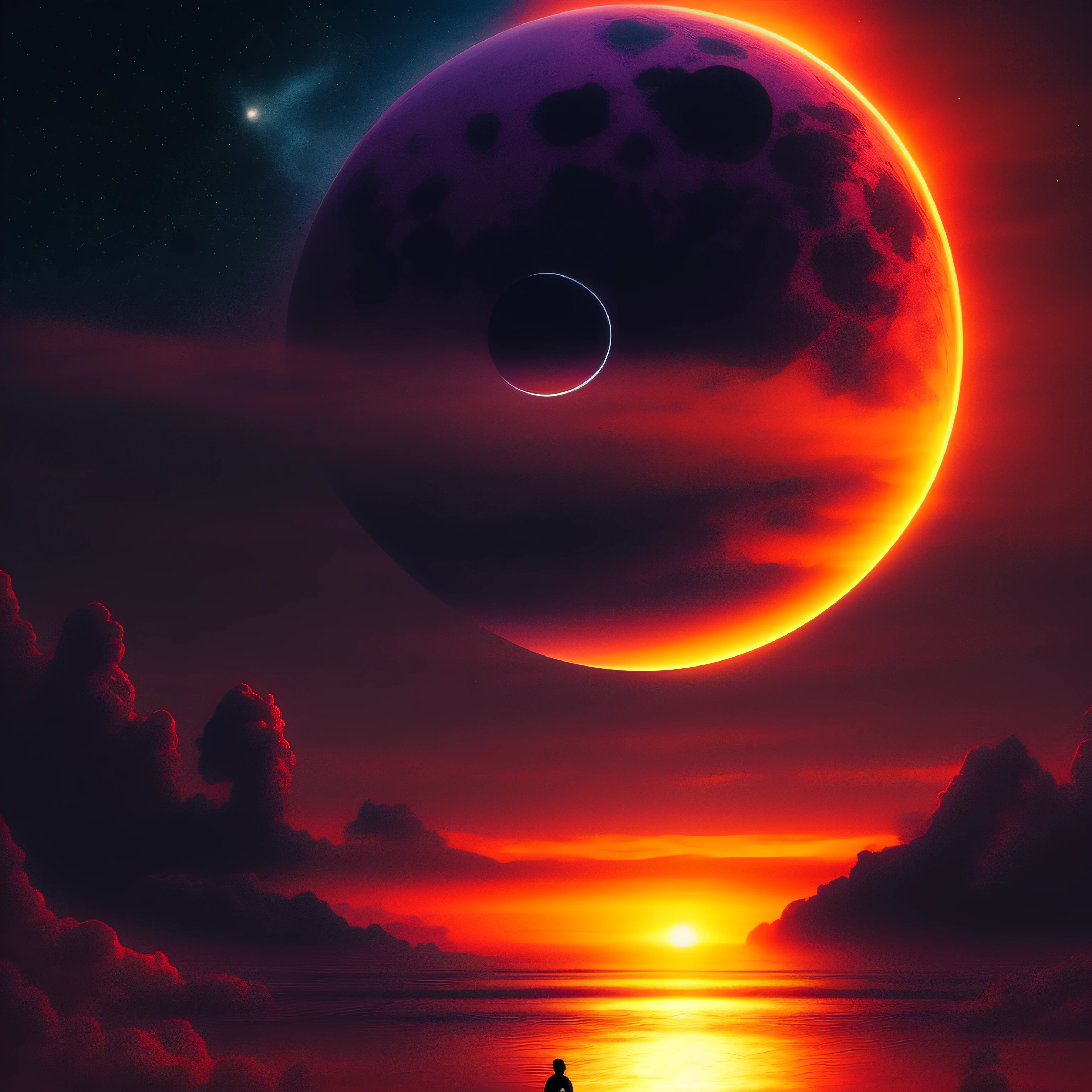 there is a man standing on the beach watching a large object, lush and colorful eclipse, colorful flat surreal ethereal, sunset illustration, beautiful iphone wallpaper, ringed planet in the sky, sunset on distant machine planet, atmospheric. digital painting, amazing wallpaper, planet in the sky, calm night. digital illustration, colorful sunset, rising from ocean, realism | beeple