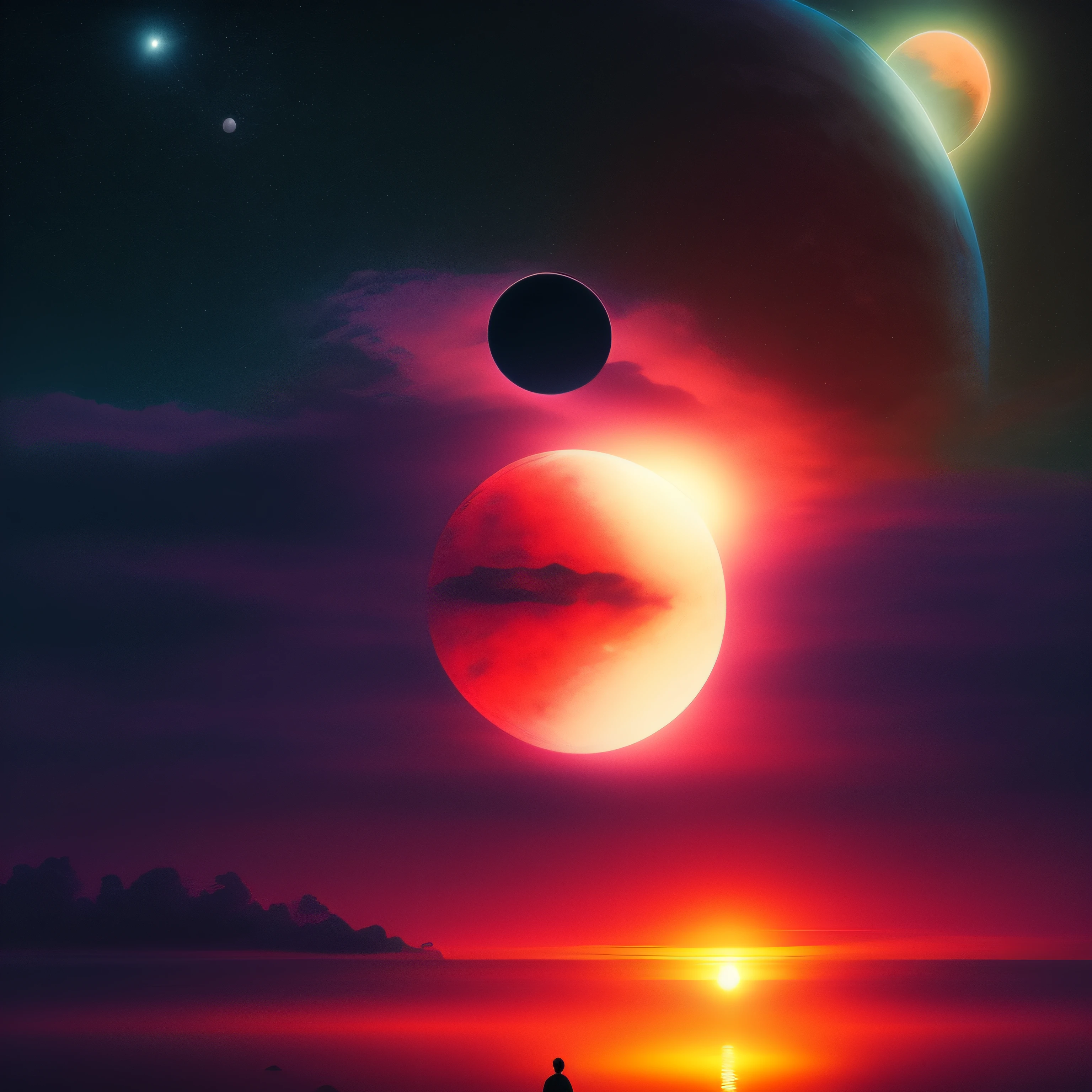 there is a man standing on the beach watching a large object, lush and colorful eclipse, colorful flat surreal ethereal, sunset illustration, beautiful iphone wallpaper, ringed planet in the sky, sunset on distant machine planet, atmospheric. digital painting, amazing wallpaper, planet in the sky, calm night. digital illustration, colorful sunset, rising from ocean, realism | beeple