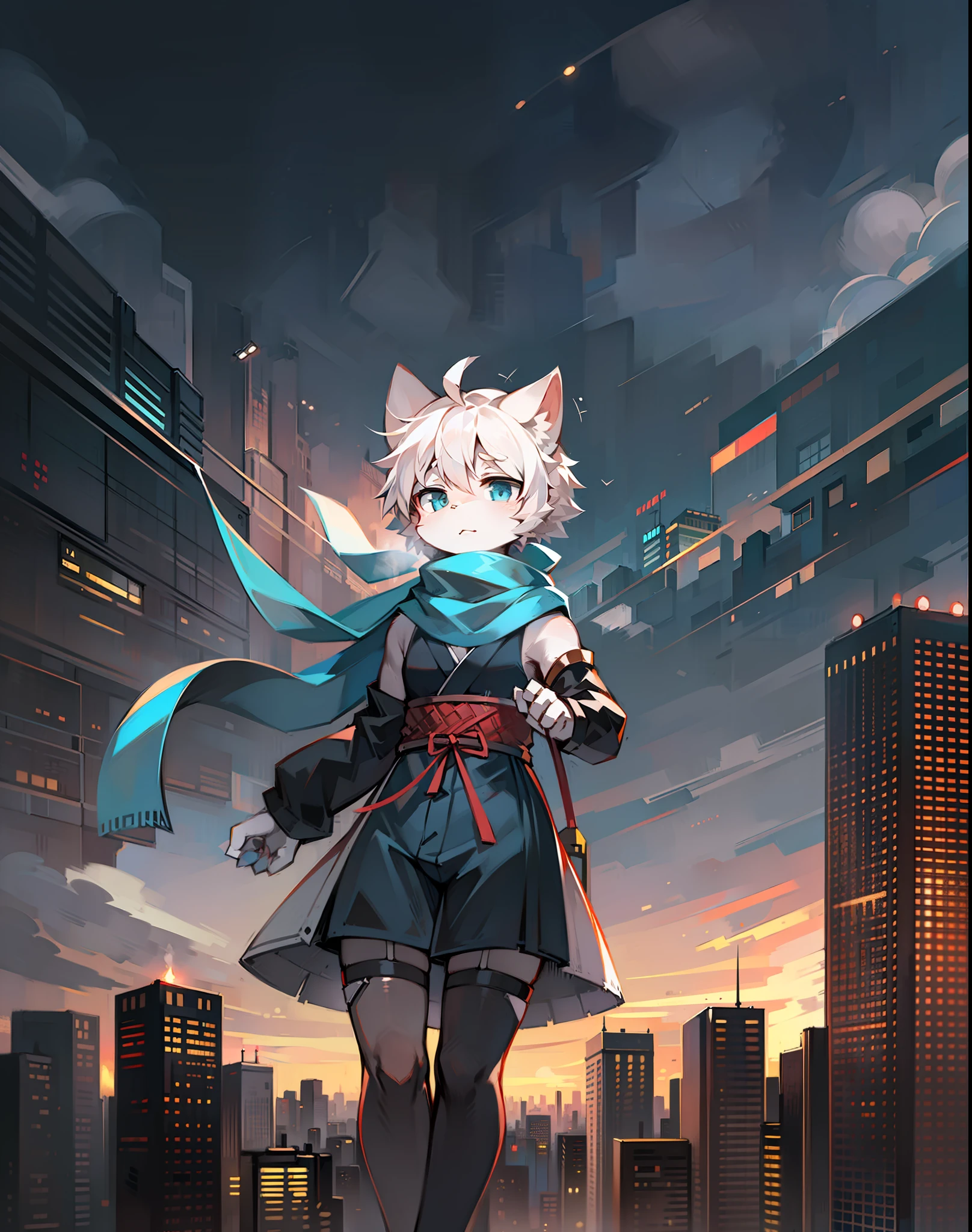 Anime characters in front of the city skyline, advanced digital chibi art, anime stylization, anthropomorphic cyberpunk cat, trigger anime art style, epic anime style, anime style 4 K, Japanese ninja costume, 8K, furry, furry male, white fur, a white cat tail, white cat ears, white hair, blue eyes, a long, long blue scarf swinging in the wind, character focus 1.1, solo exhibition, panorama