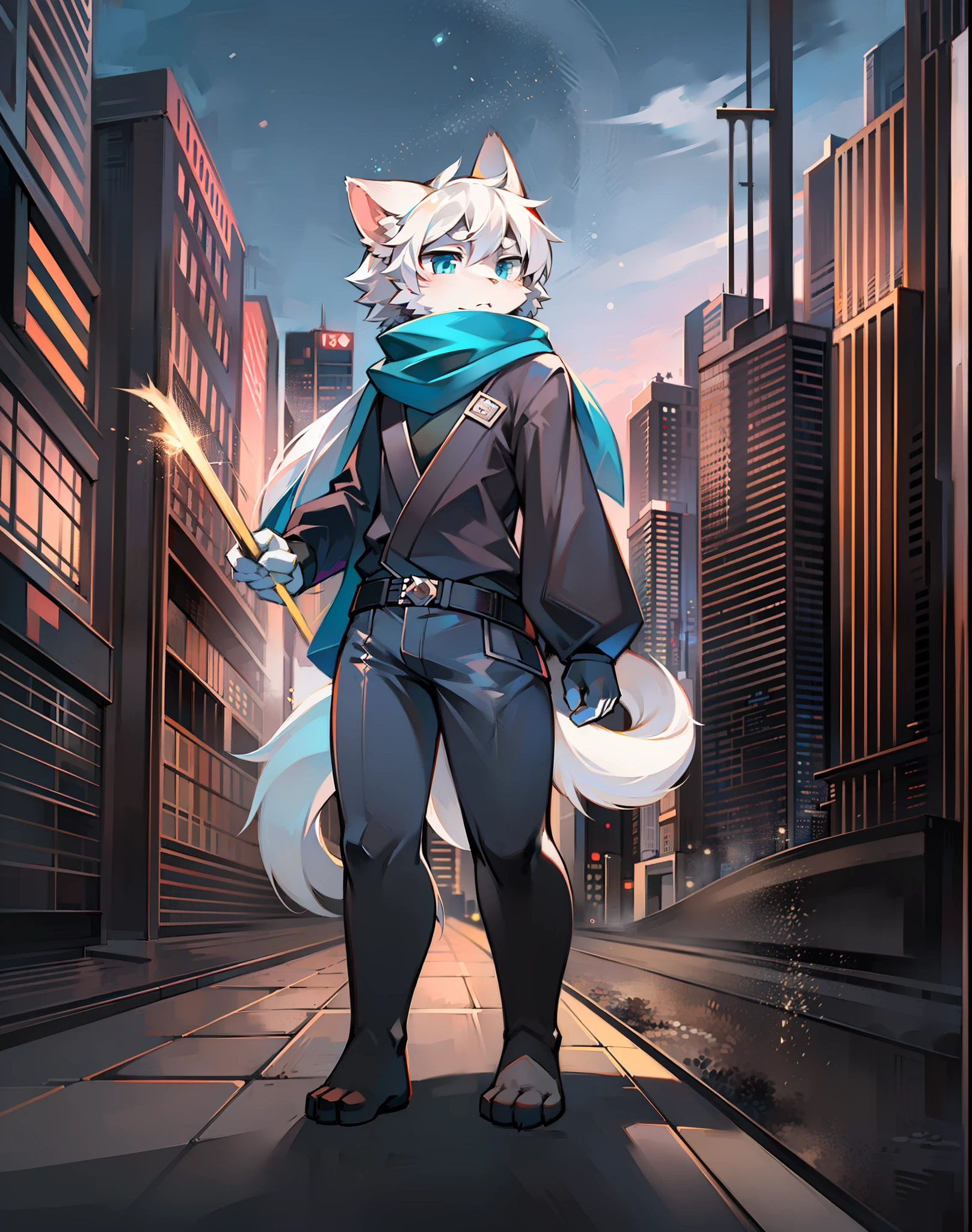 Anime characters in front of the city skyline, advanced digital chibi art, anime stylization, anthropomorphic cyberpunk cat, trigger anime art style, epic anime style, anime style 4 K, Japanese ninja costume, 8K, furry, furry male, white fur, a white cat tail, white cat ears, white hair, blue eyes, a long, long blue scarf swinging in the wind, character focus 1.1, solo exhibition, panorama