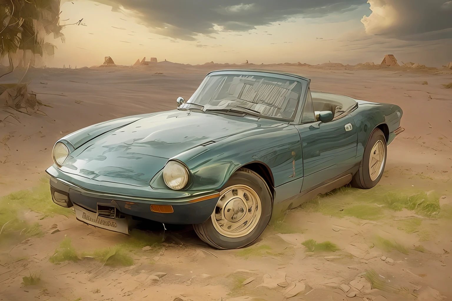 Remove the background and insert the car into a landscape with pyramids.