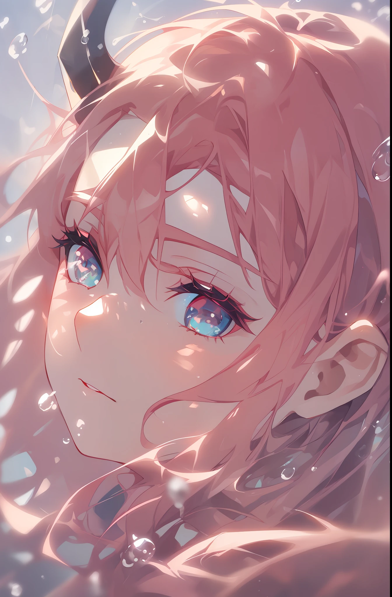 (2D Animation Style: 1.4), (Japanese Animation: 1.9), HD, (Golden Lighting: 1, 4), White Skin, Full Image Light, Horns, (Clear Eyes), White Sunlight, Hair Glowing, (((Falling Raindrops))), (Dear in Franks\), Dear in Franks, 1 girl, bangs, shadows, Danphoenix eyes, small eyes, long hair, Looking at the audience, closing eyes, (((Full body))), crouching, green_ eyes, water, simple_background, air_bubble, (lighting: 1.3), sun on face, lipstick, makeup, pink hair, red eye shadow, close_up face, girly, tight skin, solo, n-twist, calm, (18 years old), (rich details), (Twist: 1.4), hair full of light to white, white background, (horizontal shoot: 1.3), front face, top-down, close-up, (bokeh), (green eyes), top face, light particles, lighting on face and pink hair, dragon horn, hair band, strong light, delicate skin, delicate light, long eyelashes, fine eyebrows, delicate face, long face, long face, (upper face: 2), closed left eye, ((()😉😉😉😉😉😉), (underwater: 1.5), (diving: 1.2), sunlight, blue sky, sun, waves, (surface)