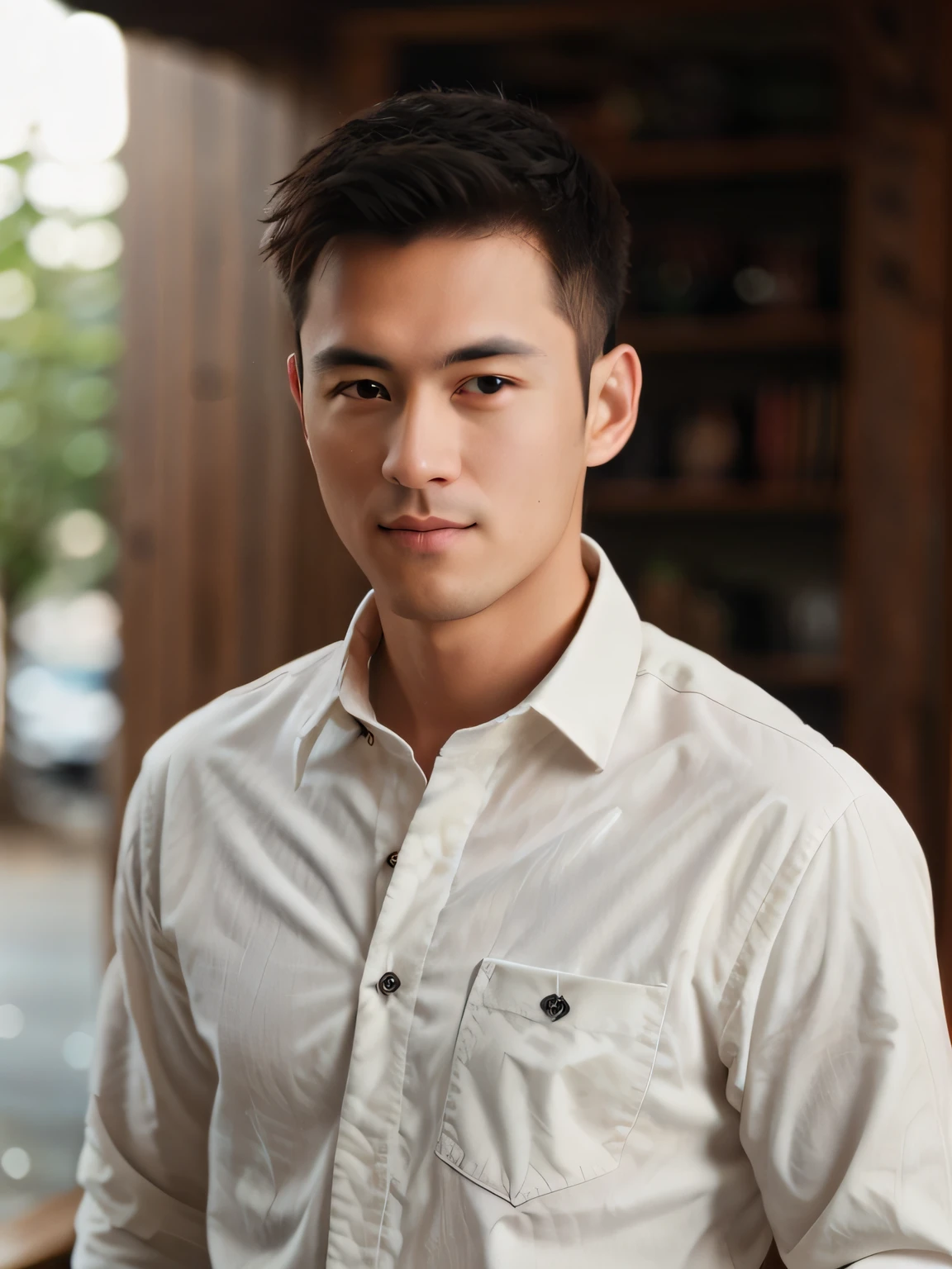 a 30 year old muscular american male wearing long sleeve shirt and tie, drinking coffee, soft lighting, masterpiece, best quality, 8k uhd, dslr, film grain, Fujifilm XT3 photorealistic painting,