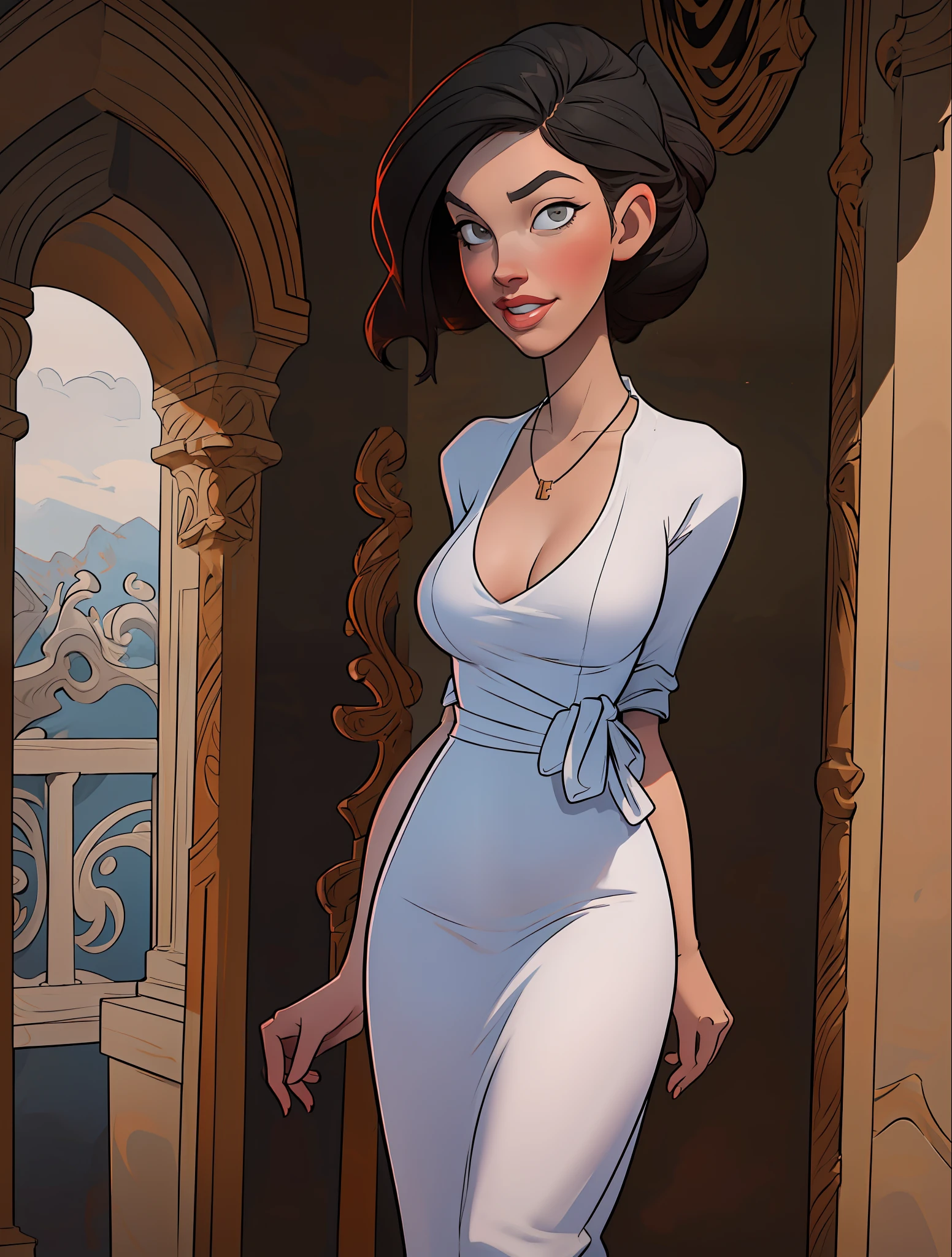 masterpiece, best quality,(cgi, realistic), extreme detail, 8k, woman, perfect face, extreme detail, beautiful milf, mature,square necklace , updo hairstyle, white dress, cleavage, large breasts,wide hips, slim waist, black hair, short updo, solo, slicked hair,ornate marble hallway, frowing,