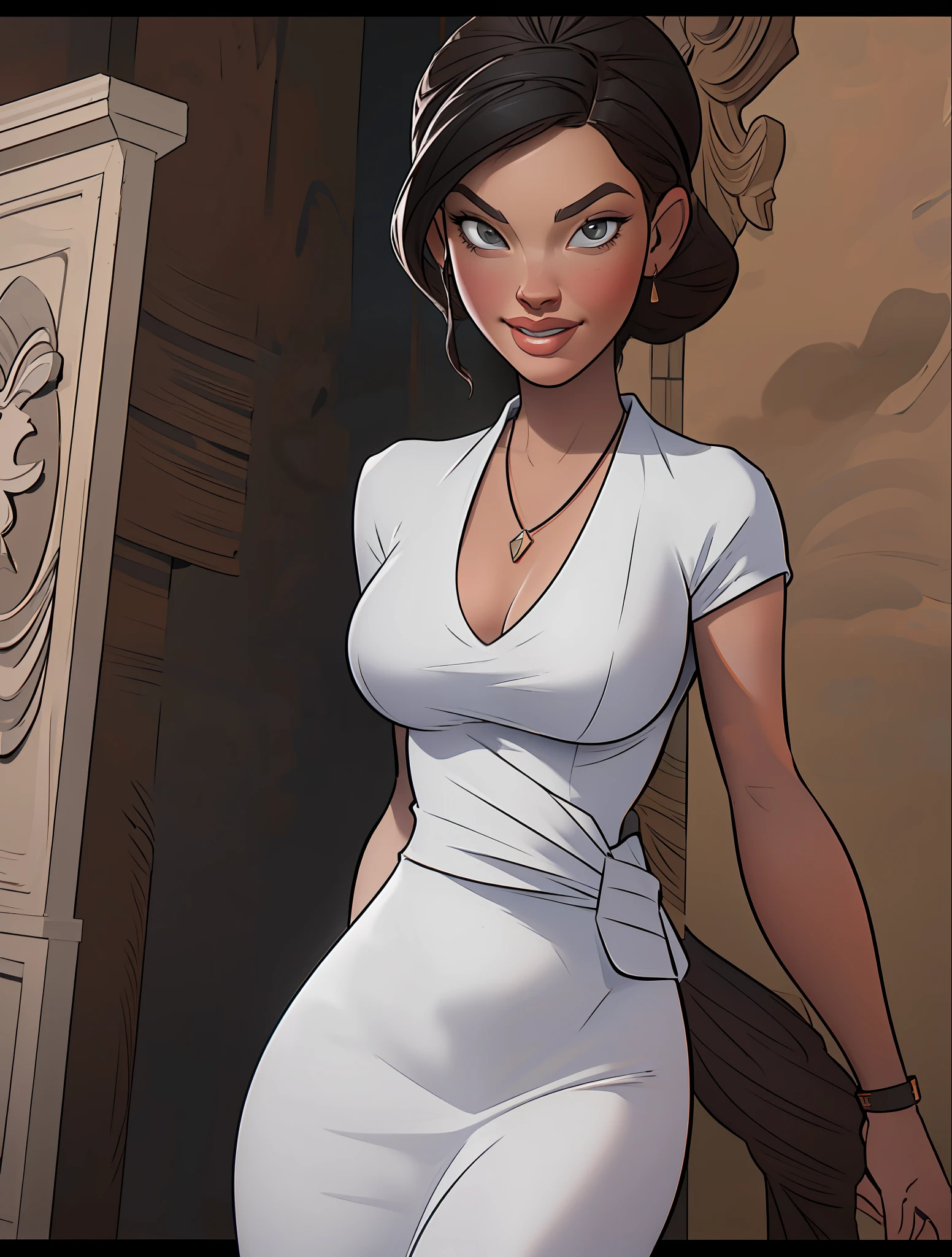 masterpiece, best quality,(cgi, realistic), extreme detail, 8k, woman, perfect face, extreme detail, beautiful milf, mature,square necklace , updo hairstyle, white dress, cleavage, large breasts,wide hips, slim waist, black hair, short updo, solo, slicked hair,ornate marble hallway, frowing,