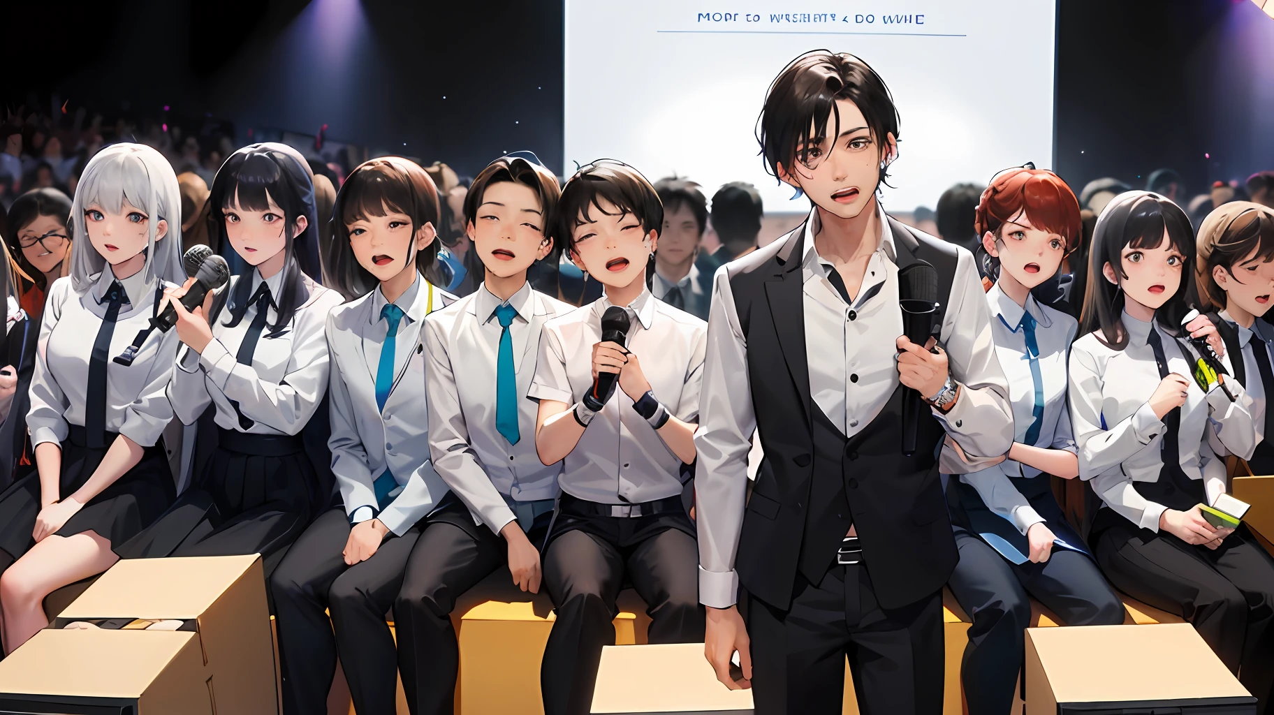 (A man), inside a small box, sad atmosphere, black hair, white shirt, suit pants, holding a microphone, inch, in a box, singing and crying audience, surrounded by girls,