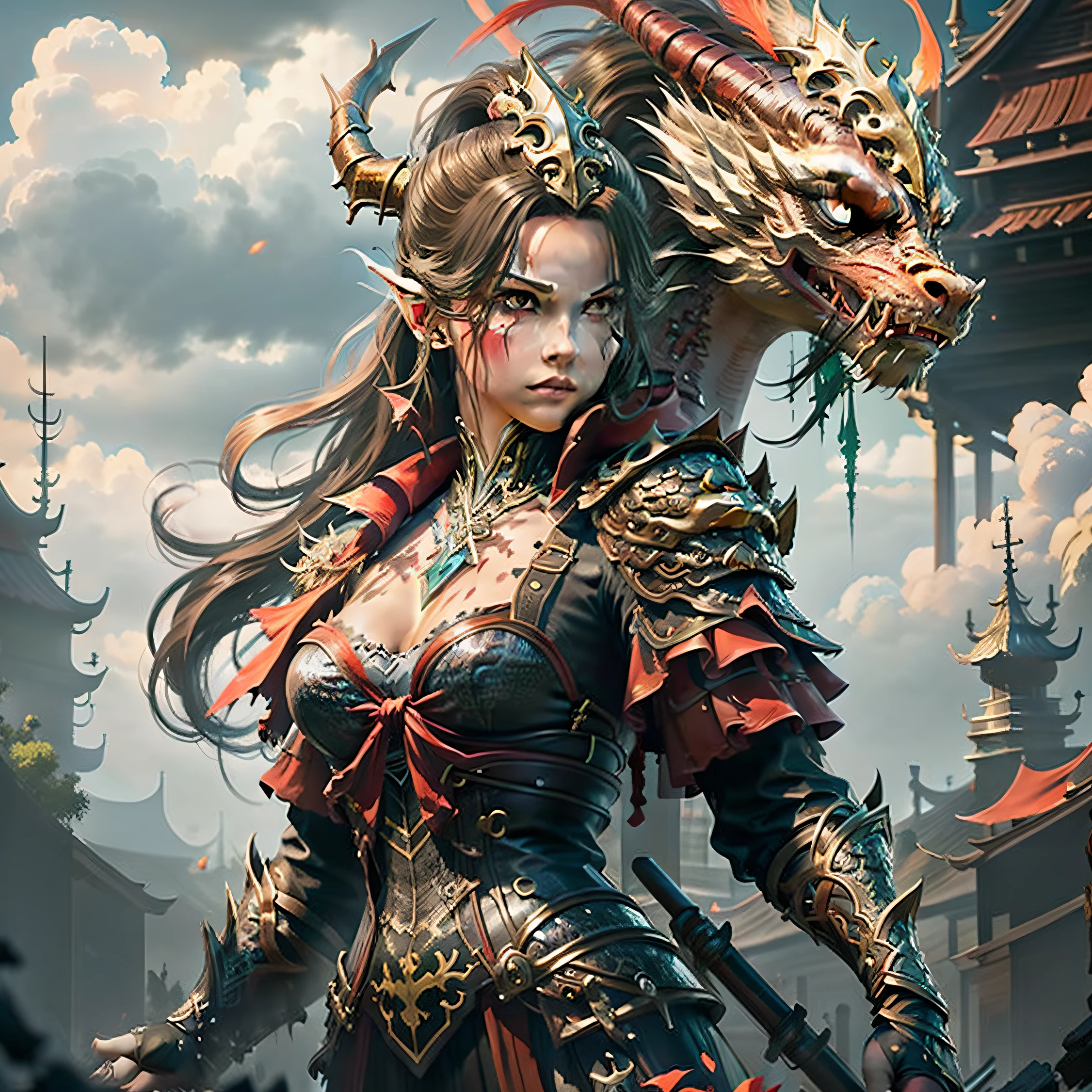 (white dragon), (1girl:1.1), warrior, queen, holding sword, green pastures, cloudy, red hair, dragon horns, devil eyes, naughty, Gothic art, depth of field, cinematic lighting, ray tracing, Wide-Angle, UHD, best quality, textured skin
