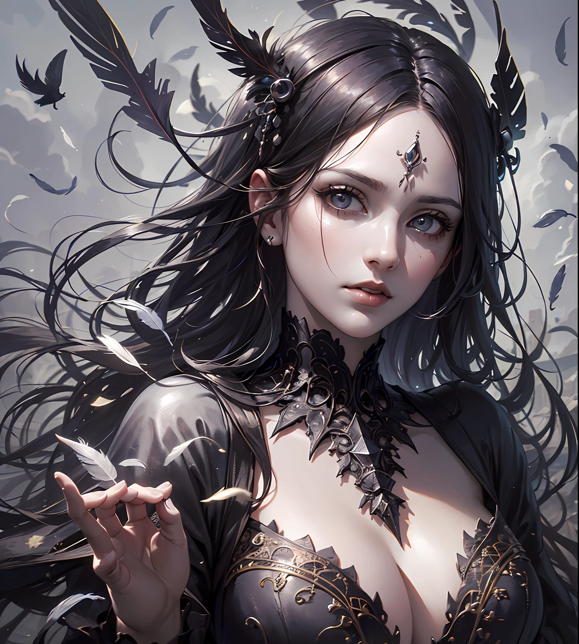 An extremely detailed portrait of an demoniac beautiful gothic vampire woman in a victorian decorum, perfect body, (realistic mature woman), ((detailed Background)), (detailed grey sky), (detailed gothic suit), (detailed eyes). (dramatic lighting), ((Masterpiece)), ((crows)), ((perfect detailed hands)), detailed cloud, ((intricate detail)), (((mature woman))), red Jewel-like eyes, (floating Strands of hair), black long hair, (((smooth skin))), (Haze), moonlight, ((surrounded by floating feathers and leafs)), focus on the subject, chiaroscuro, wind, road, church, HD wallpaper, UHD image --auto --s2