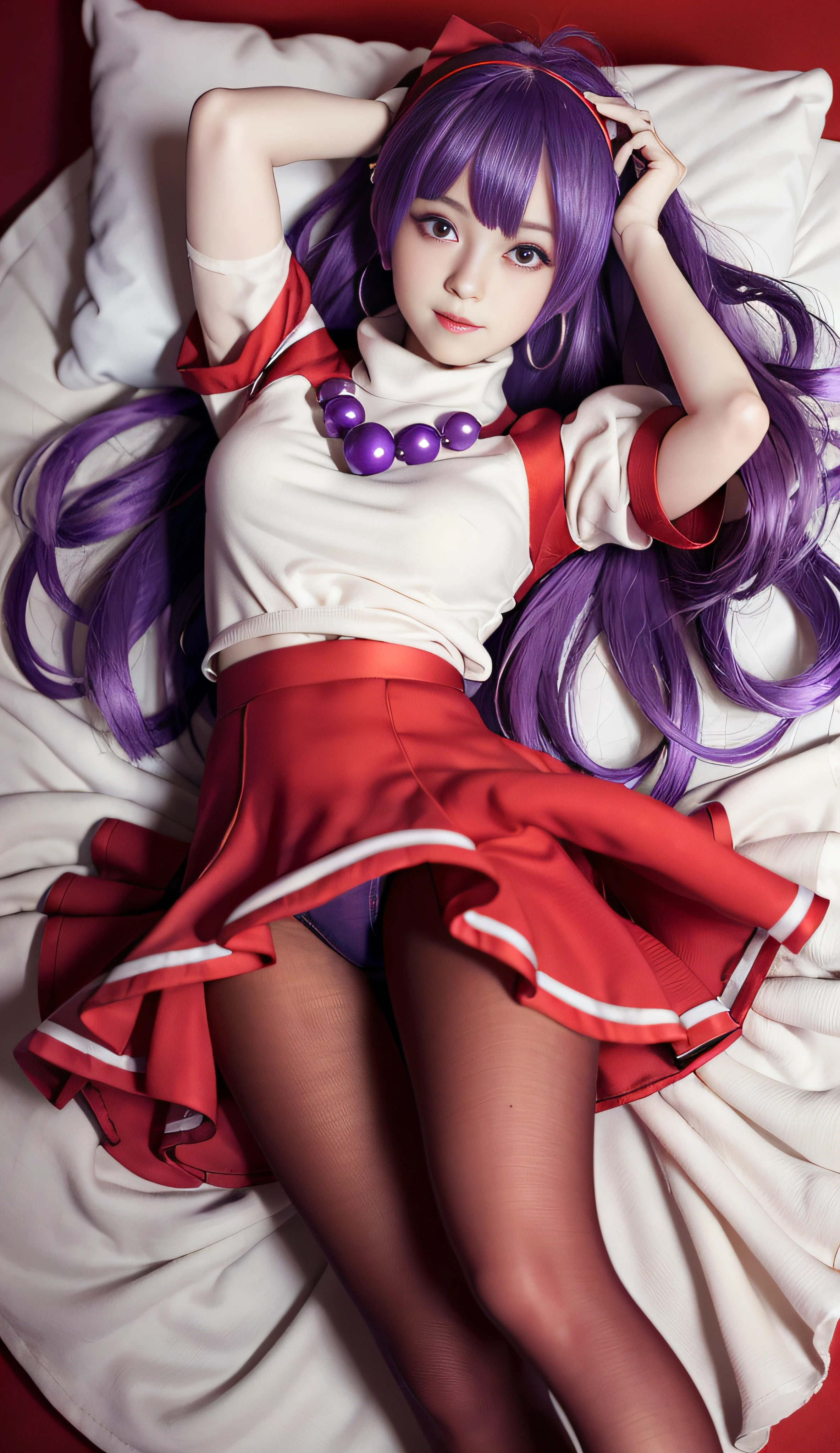 (Masterpiece), (Best Quality), (Ultra Detailed), Intricate Details, Athena 97, 1 Girl, Solo, Purple Eyes, Purple Hair, Long Hair, White Earrings, Red Headband, Star Hair Accessories, Medium Braids, Red Tank Top, White Turtleneck Sweater, White Fluffy Sleeves, Short Sleeves, Red Pleated Skirt, (Crimson Pantyhose:1.2), Black Pantyhose, Yellow Belt, Purple Spherical Necklace, White Socks, Red Shoes, (Outdoor), Photography, Smile, Blush, Sunny, Denim Shoot, Lying on the bed, legs raised, hands on the head, hands behind the head, perfect figure, camel toes, long legs