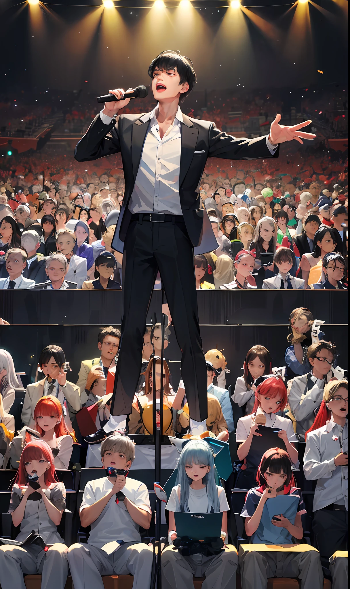 (a man), KTV, sad atmosphere, black hair, white shirt, suit pants, holding a microphone, inch, in a box, singing and crying audience, surrounded by girls,