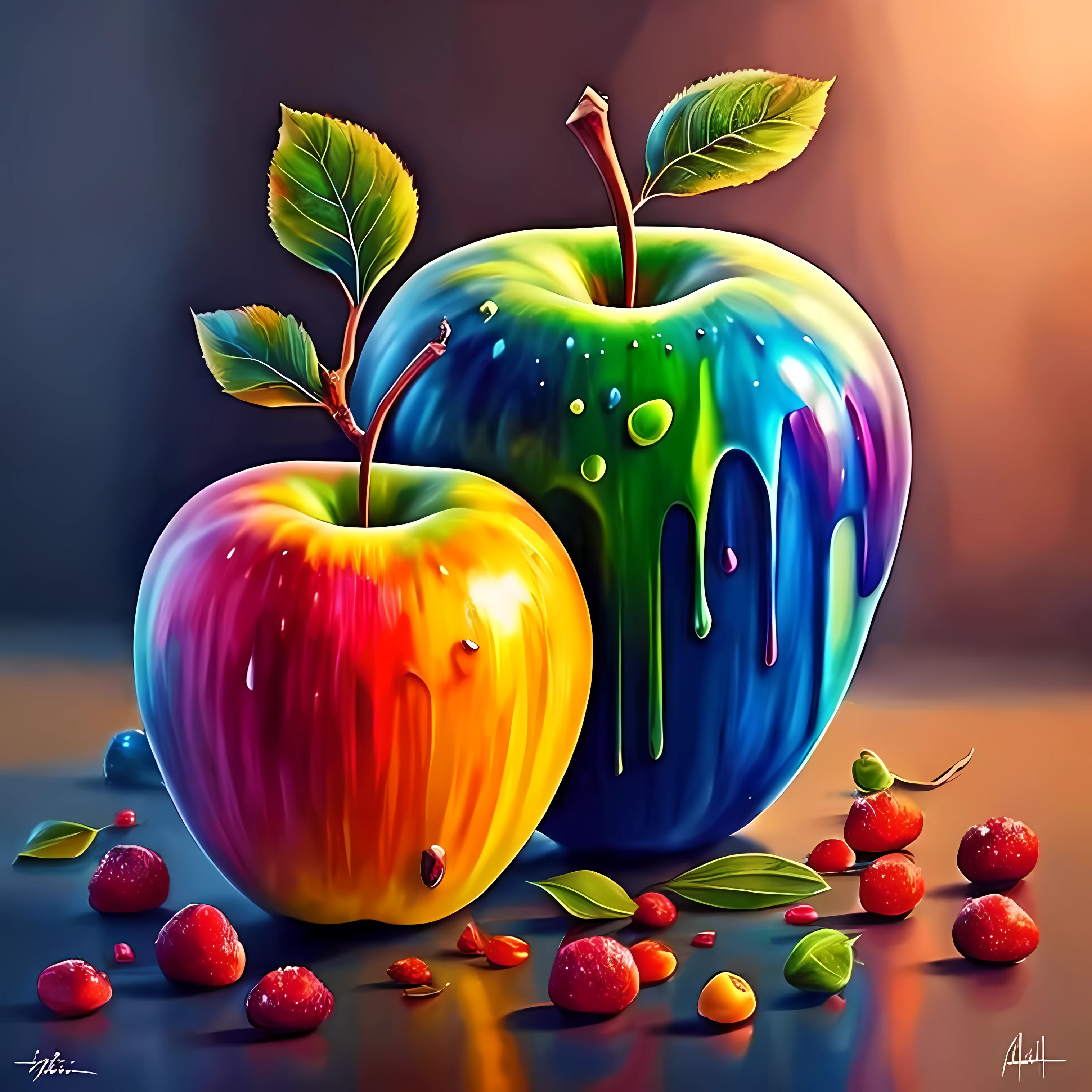 a sprinkled apple sitting on top of a table, hyper realistic digital painting, colorful hyperrealism, amazing food illustration, blender apple, amazing food photography, hyper realistic oil painting, hyper realistic color photo, ultrarealistic oil painting, realistic colorful photography, hyper - realistic oil painting, hyper-realistic oil painting, beautiful 3d render, hyperrealistic digital painting