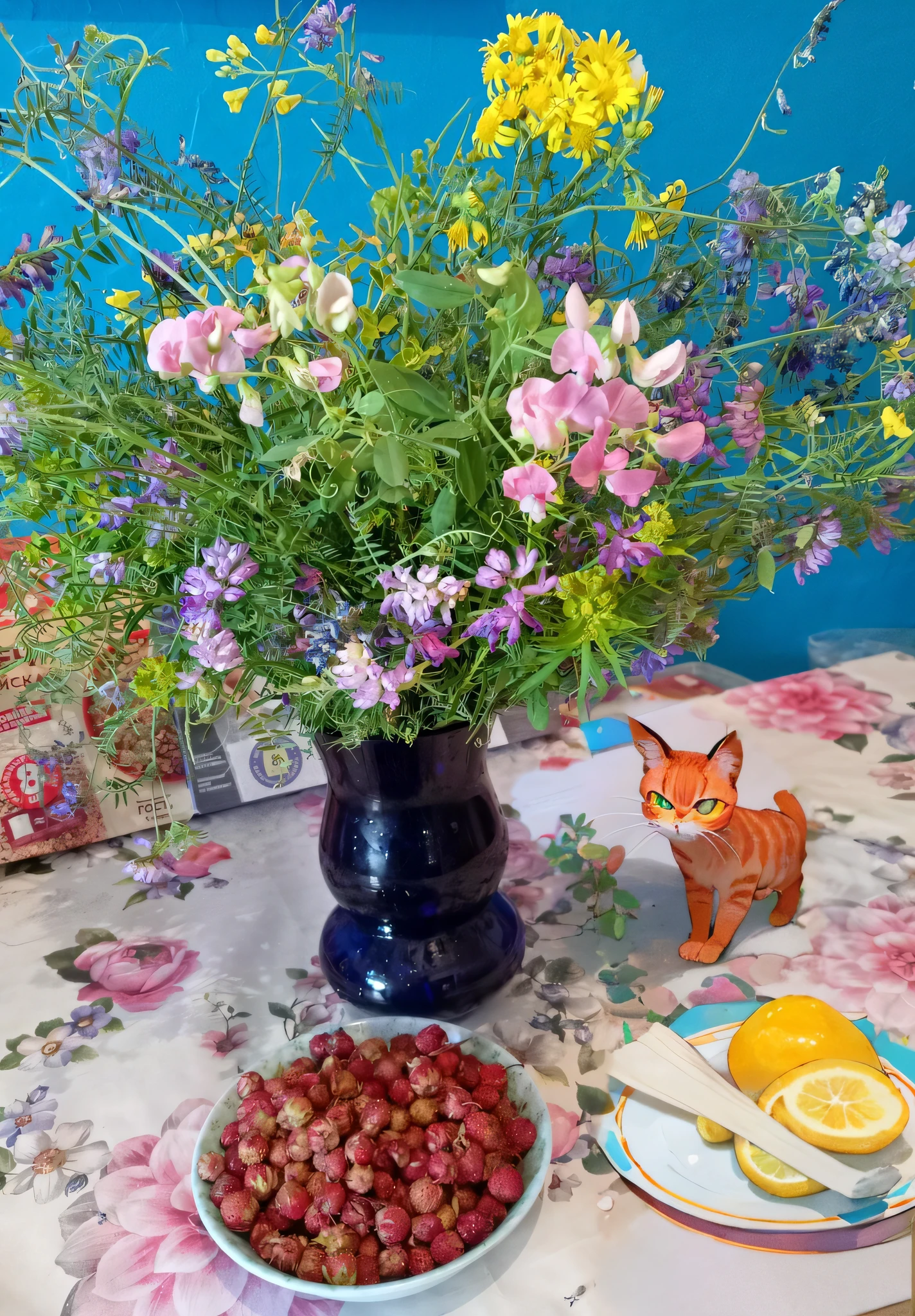 The red cat on the table curiously examines the berries in the plate