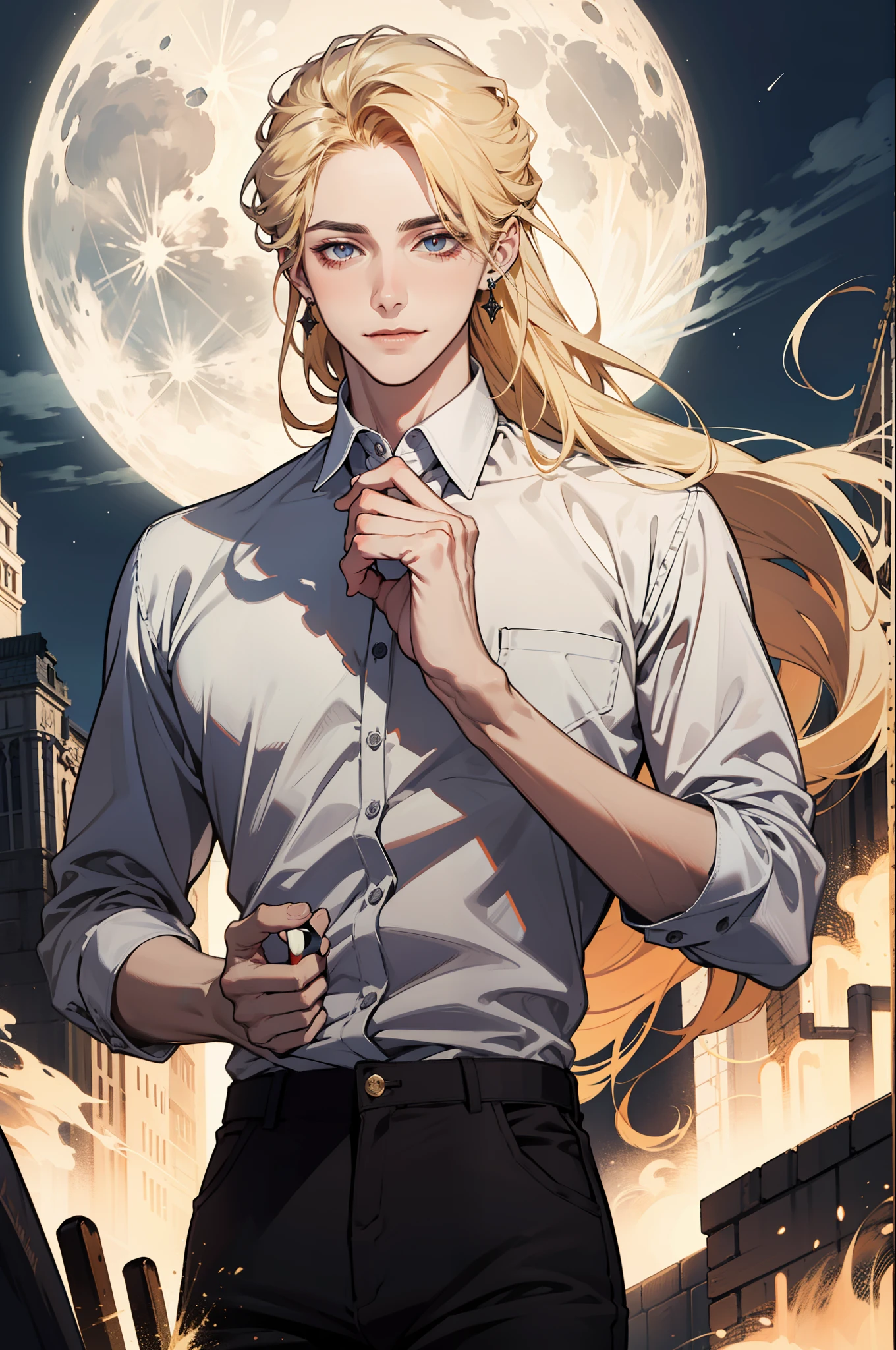 (absurdres, highres, ultra detailed), 1man, 30 years old man, adult man, handsome, tall,, finely detailed eyes and detailed face, leather pants, (((white shirt))), night, smile, dutch angle, ((long hair, blonde hair)), moon, gold details, earrings, gothic, vampire, vampire prince, dark, simple clothes, looking at the view, pale skin, red detailed eyes, (masculine), sexy, elegant, long bangs, detailed hands