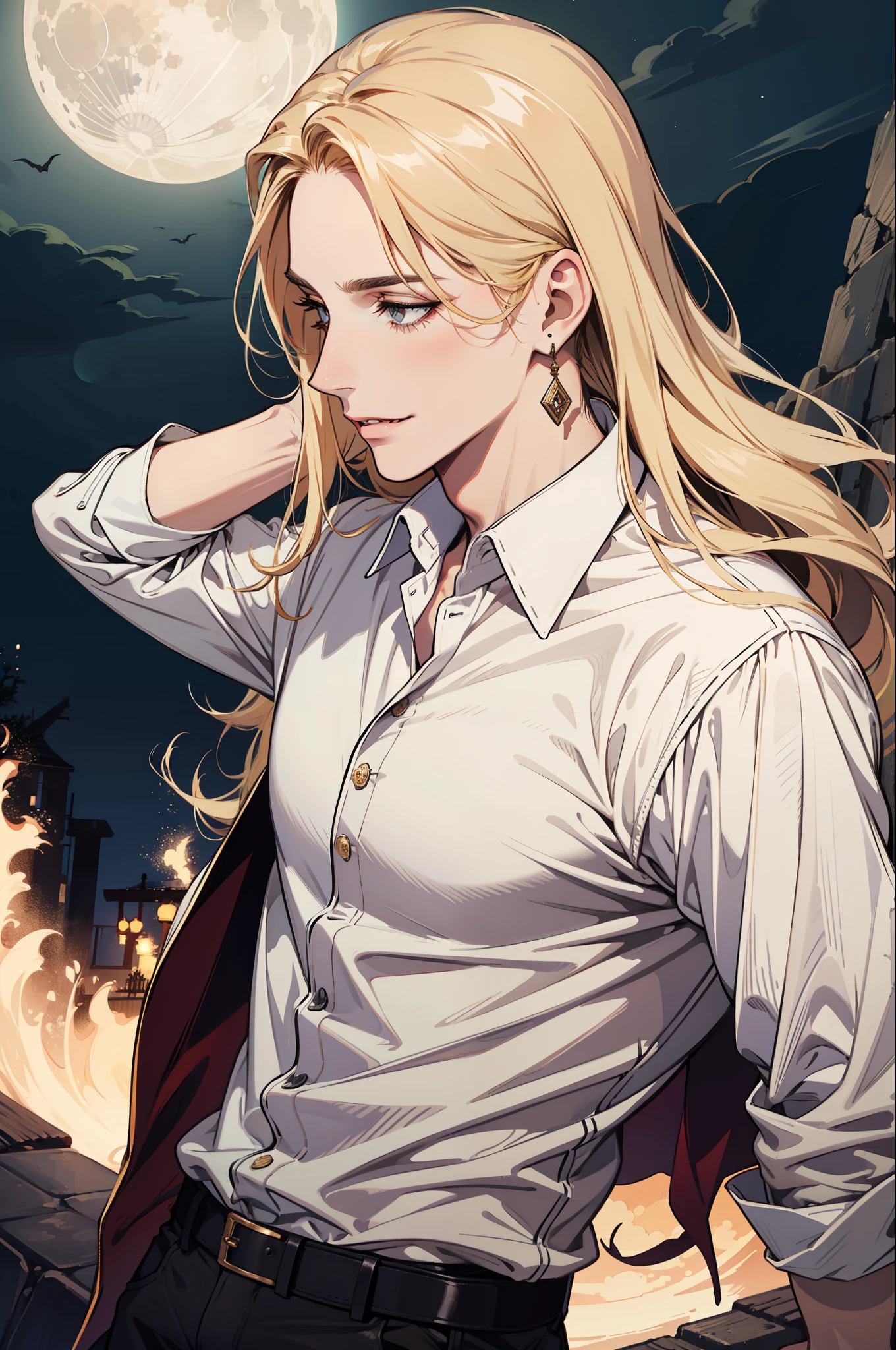 (absurdres, highres, ultra detailed), 1man, 30 years old man, adult man, handsome, tall,, finely detailed eyes and detailed face, leather pants, (((white shirt))), night, smile, dutch angle, ((long hair, blonde hair)), moon, gold details, earrings, gothic, vampire, vampire prince, dark, simple clothes, looking at the view, pale skin, red detailed eyes, (masculine), sexy, elegant, long bangs, detailed hands