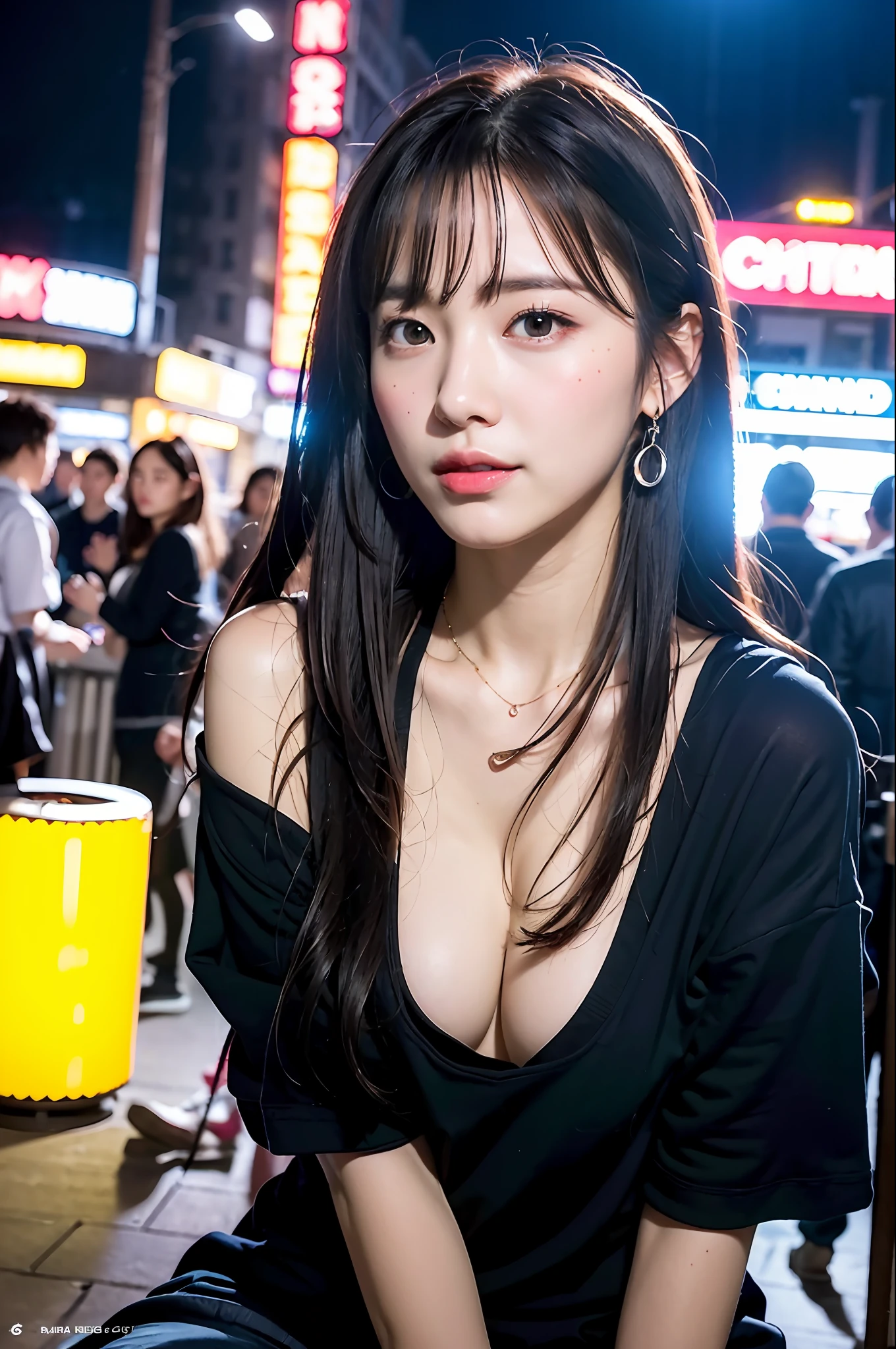 (8k, RAW photo, best quality, masterpiece:1.2), ultra detailed, ultra high res,
(realistic, photo realistic:1.37), high detail RAW color photo, professional photograph,
an extremely delicate and beautiful, extremely detailed, 8k wallpaper, Amazing, finely detail, huge file size, official art, extremely detailed CG unity 8k wallpaper,
extremely detailed beautiful girl, extremely detailed face, extremely detailed eyes, extremely detailed skin, extremely detailed fingers, extremely detailed nose, extremely detailed mouth, perfect anatomy, highly detailed background, extremely detailed clothing,
1girl, (18 years old:1.2), teenage, cute girl, famous japanese idol, kawaii,
(small breasts:1.2), realistic body, petite,
fair skin, shiny skin, slender body, good figure,
black hair, long straight hair, (blunt bangs:1.2),
smile, cute, young, cute face, baby face, realistic face,
beautifully detailed eyes, drooping eyes, beautiful big eyes, large dark eyes, beautiful and clear eyes,
(hoodie:1.2), short sleeve, short pants, thigh, necklace, earrings,
looking at viewer, cowboy shot, front view, standing posture, contrapposto,
outdoors, (night:1.2), neon city, neon light, neon sign, public, crowd,
dynamic lighting, front lighting,