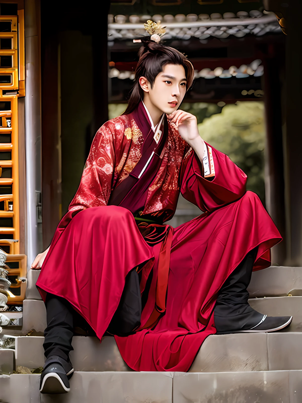 A 20-year-old handsome Chinese man dressed in Hanfu with rich details