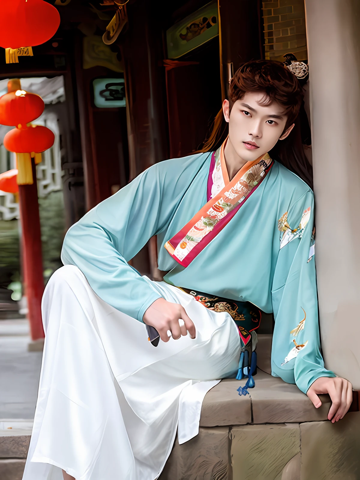 A 20-year-old handsome Chinese man dressed in Hanfu with rich details