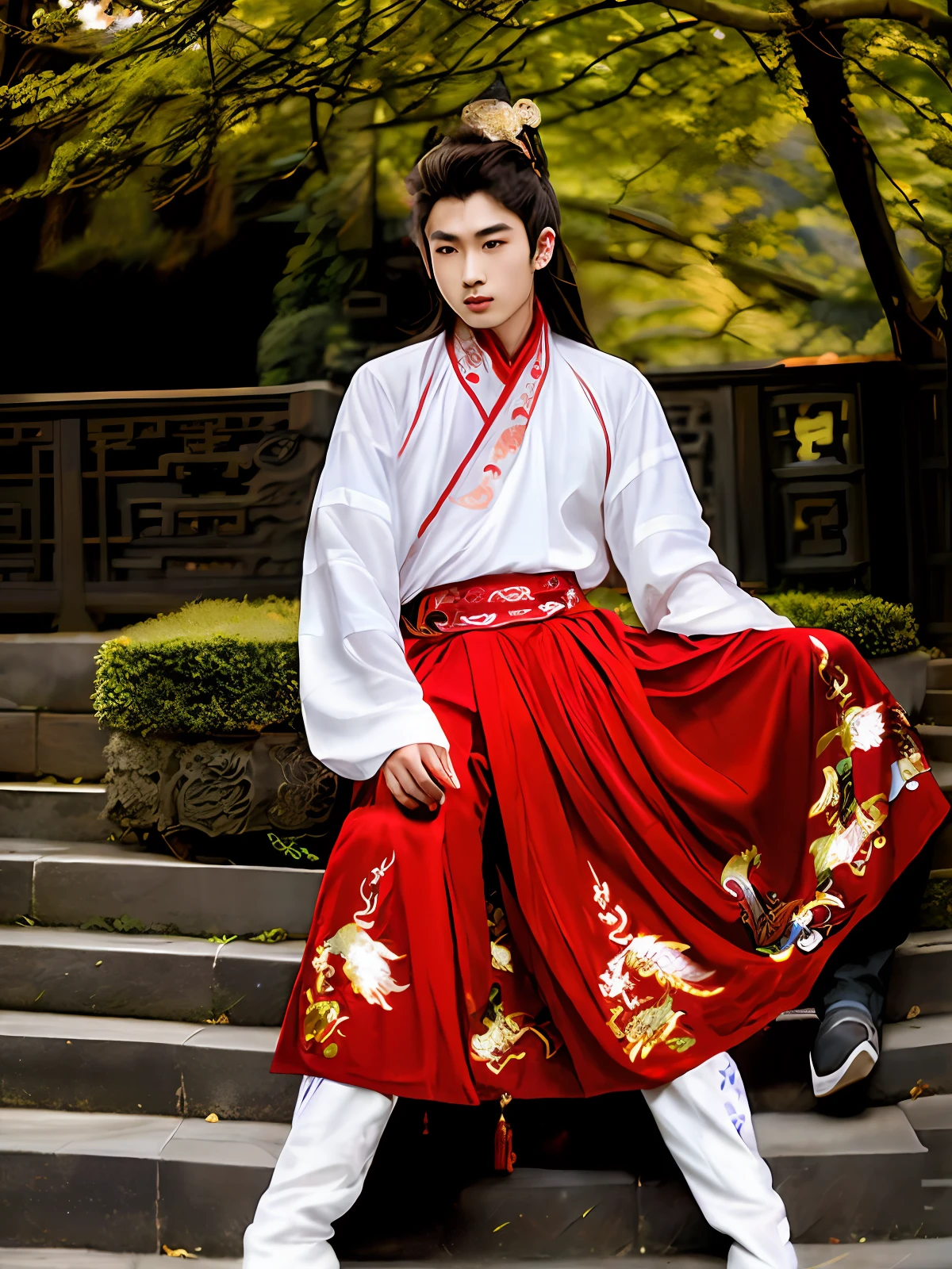 A 20-year-old handsome Chinese man dressed in Hanfu with rich details