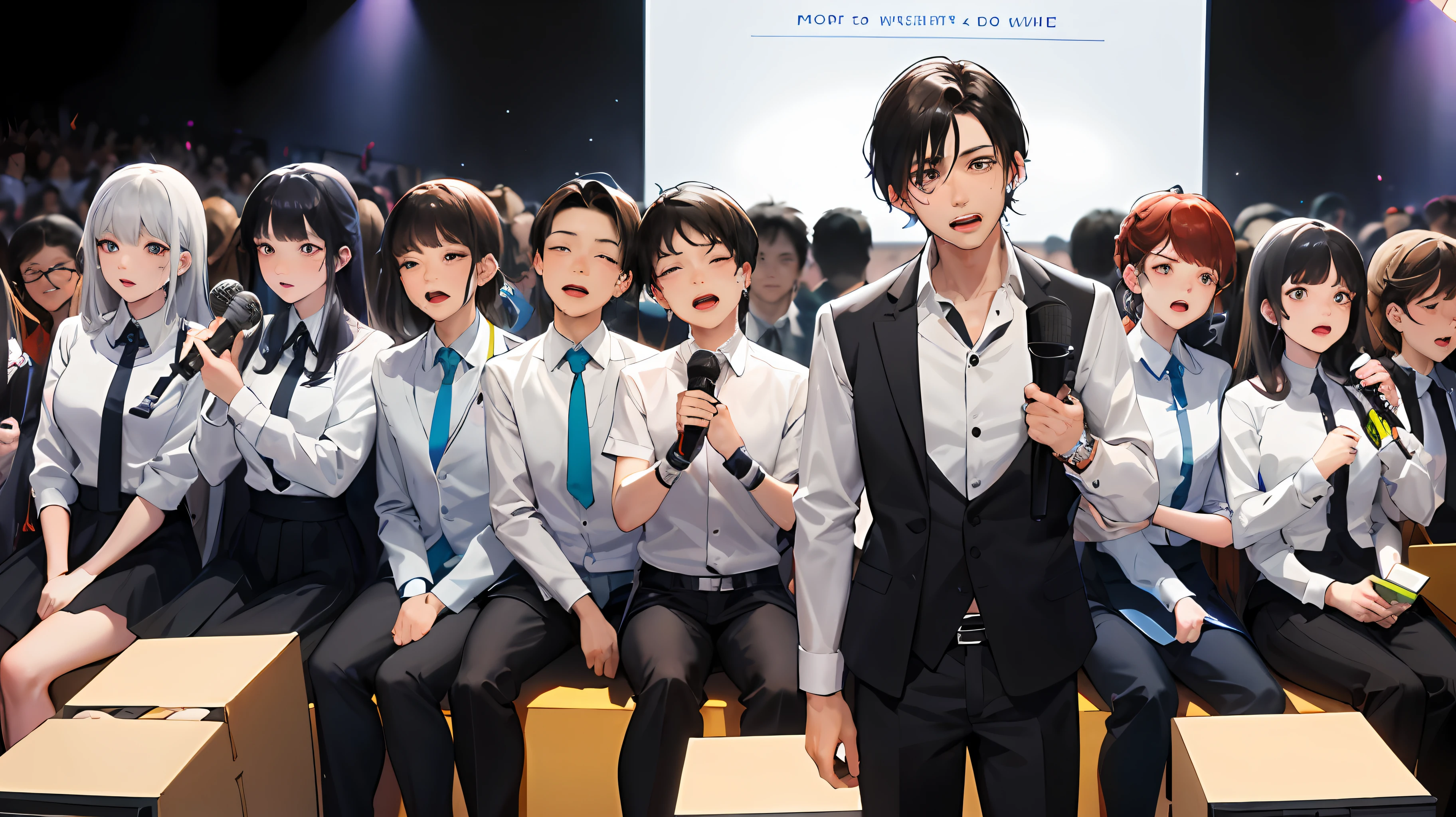 (A man), inside a small box, sad atmosphere, black hair, white shirt, suit pants, holding a microphone, inch, in a box, singing and crying audience, surrounded by girls,