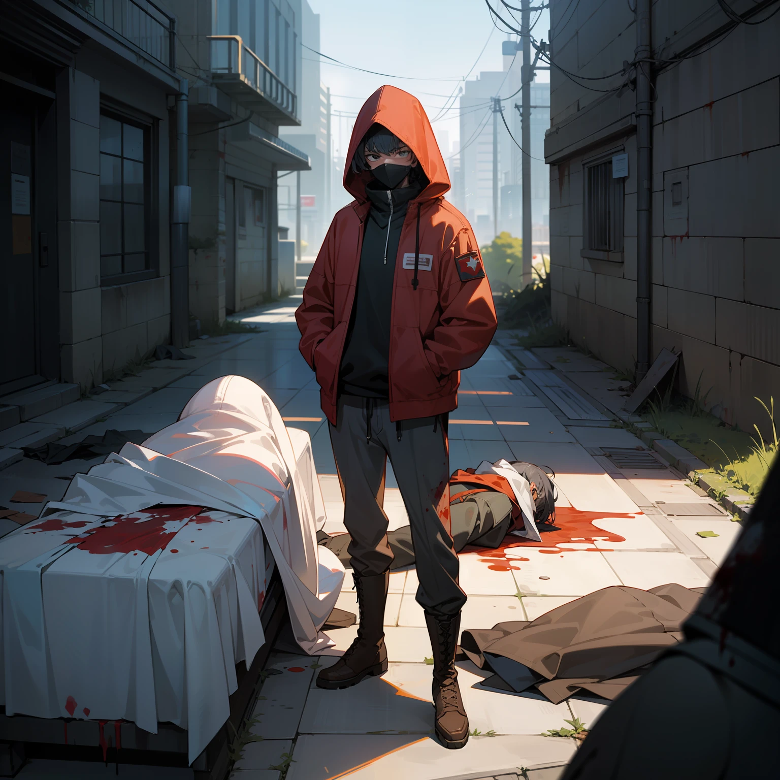 Anime style, guy standing on a, ((military dead body on floor)), wearing a cowl with a hood over his head, joggers and boots, head slightly down, cyberpunk-style half face mask, an abandoned city behind him, hands in pockets, and a cowl with cuts and blood stains on it --auto