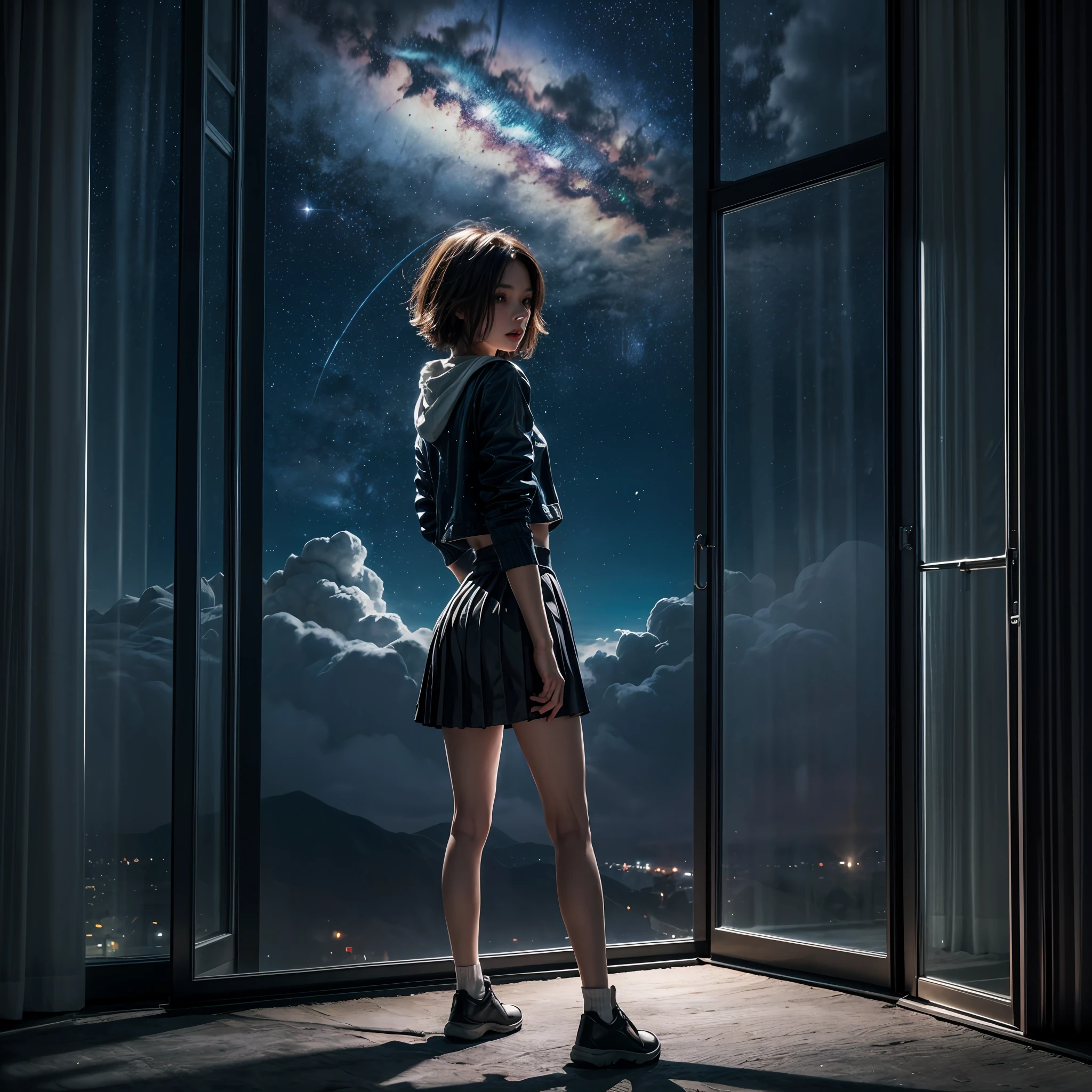 largewindow,full body,front,1girl,(open legs:1.3),(skirt,:1.3),(standing:1.1),(short hair:1.4),(night , starry sky: 1.3), city, long hair, sliding doors, solo,