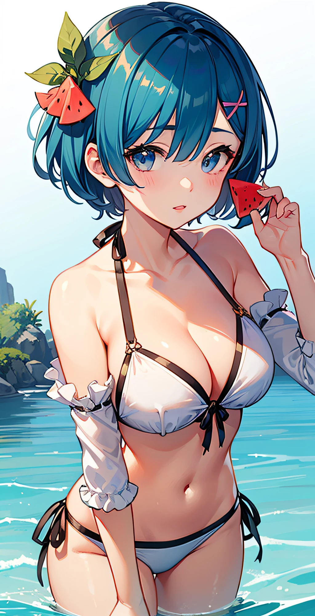 masterpiece, best quality;1.3), ultra detailed, ooking at viewer, rem_re_zero, Facial close-up,blue hair, short hair, hair ornament, cleavage, detached sleeves, masterpiece, top quality, best quality, 1 little girl, swimsuit party, in the water,fish,watermelon,cute style, perfect structure, summer theme,(White yarn bikini:1.2),Hand held ice cream,