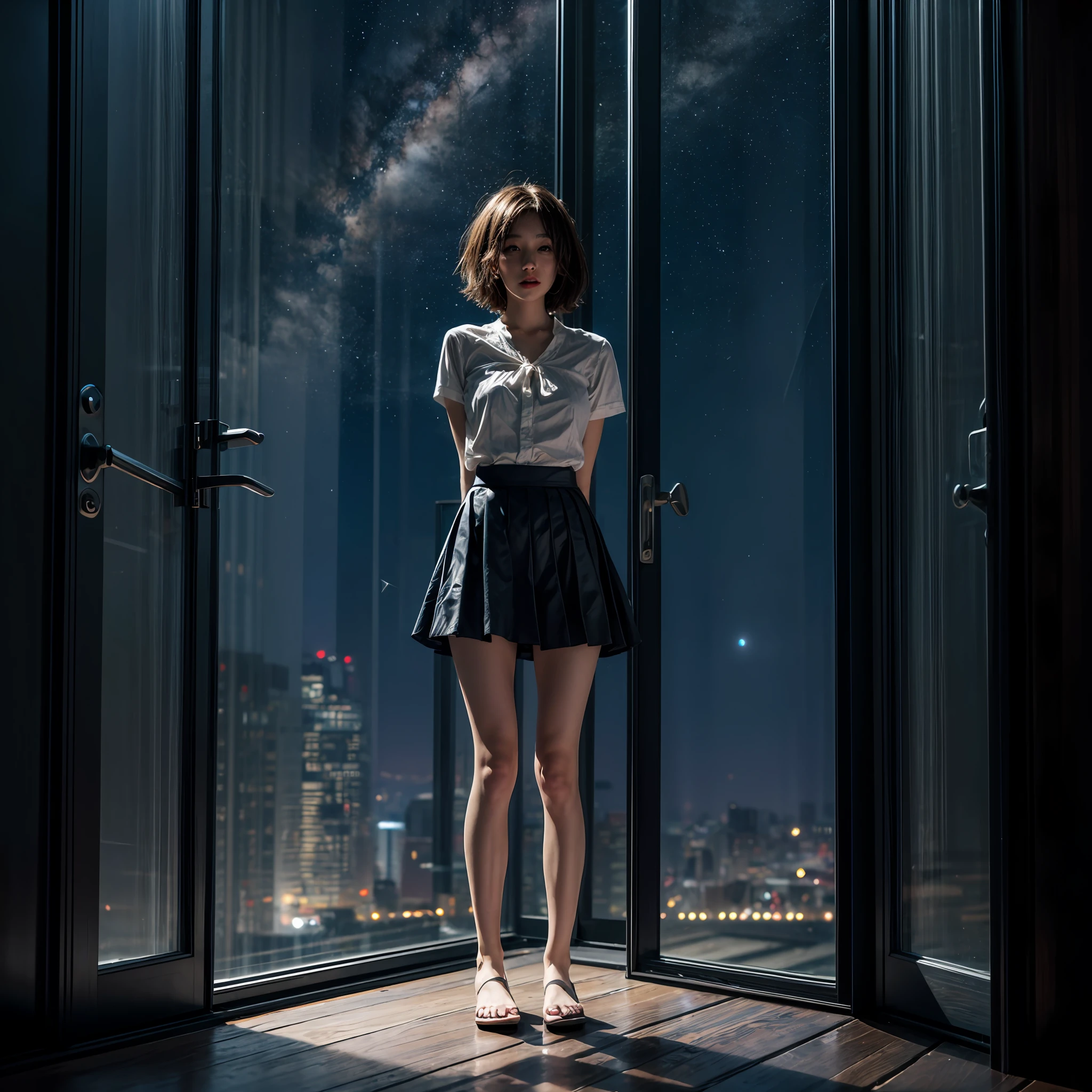 largewindow,full body,front,1girl,(open legs:1.3),(skirt,:1.3),(standing:1.1),(short hair:1.4),(night , starry sky: 1.3), city, long hair, sliding doors, solo,