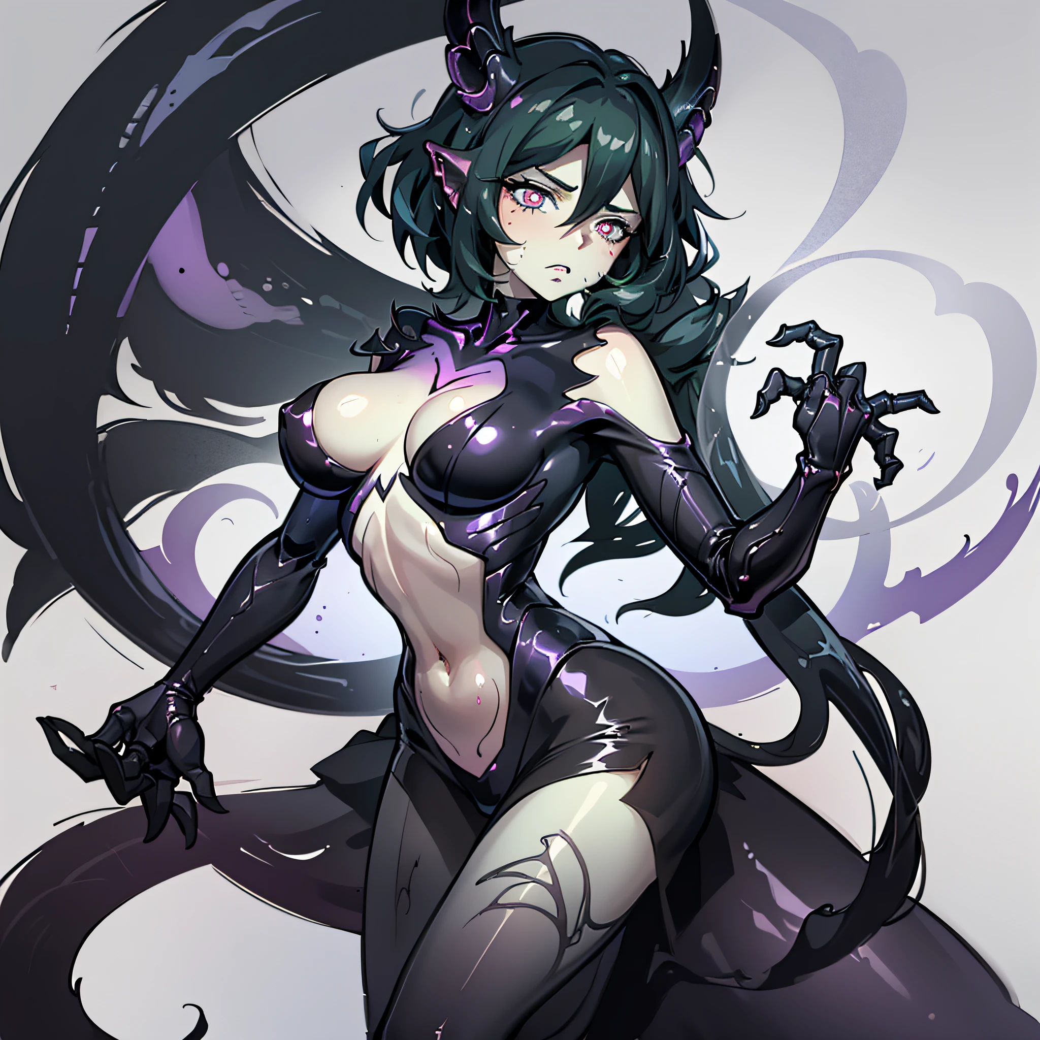 Cartoon photo of a woman in a black and purple costume, monster girl, monster body, (hot insect humanoid woman), Guyver style, red eyes, scarab reploid, tentacles imitating a snake's tail, cel shade adult animation, (Alien Queen), serpentine pose, Female Monster Transformation, ( Alien Woman)