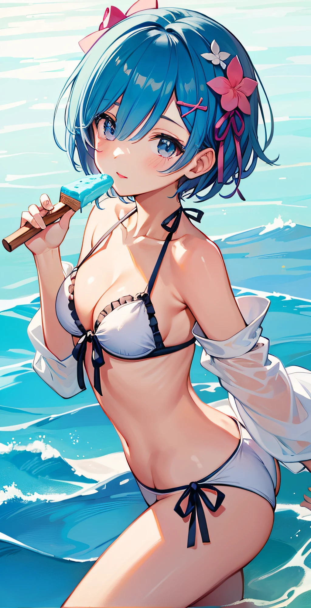 masterpiece, best quality;1.3), ultra detailed, ooking at viewer, rem_re_zero, Facial close-up,blue hair, short hair, hair ornament, cleavage, detached sleeves, masterpiece, top quality, best quality, 1 , swimsuit party, in the water,fish,watermelon,cute style, perfect structure, summer theme,(White yarn bikini:1.2),Hand held ice cream,