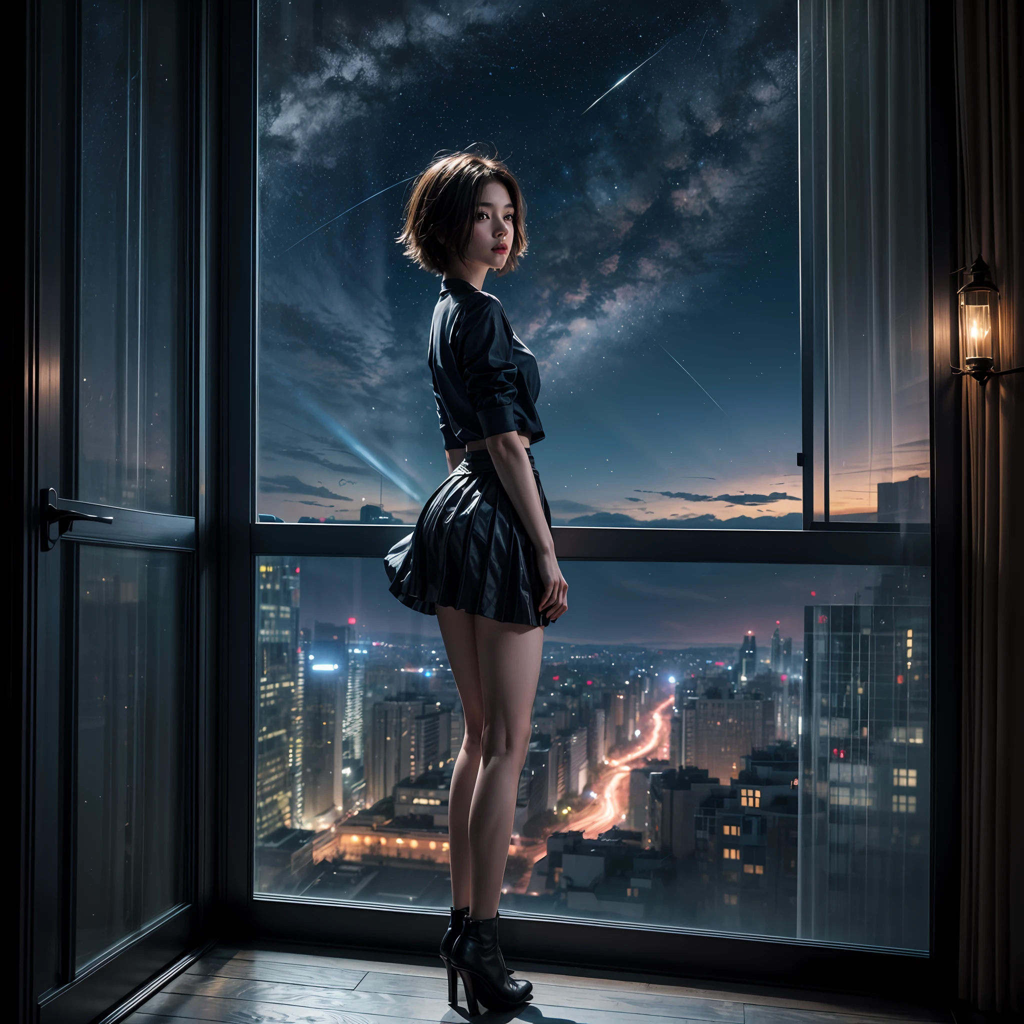 largewindow,full body,front,1girl,(open legs:1.3),(skirt,:1.3),(standing:1.1),(short hair:1.4),(night , starry sky: 1.3), city, long hair, sliding doors, solo,