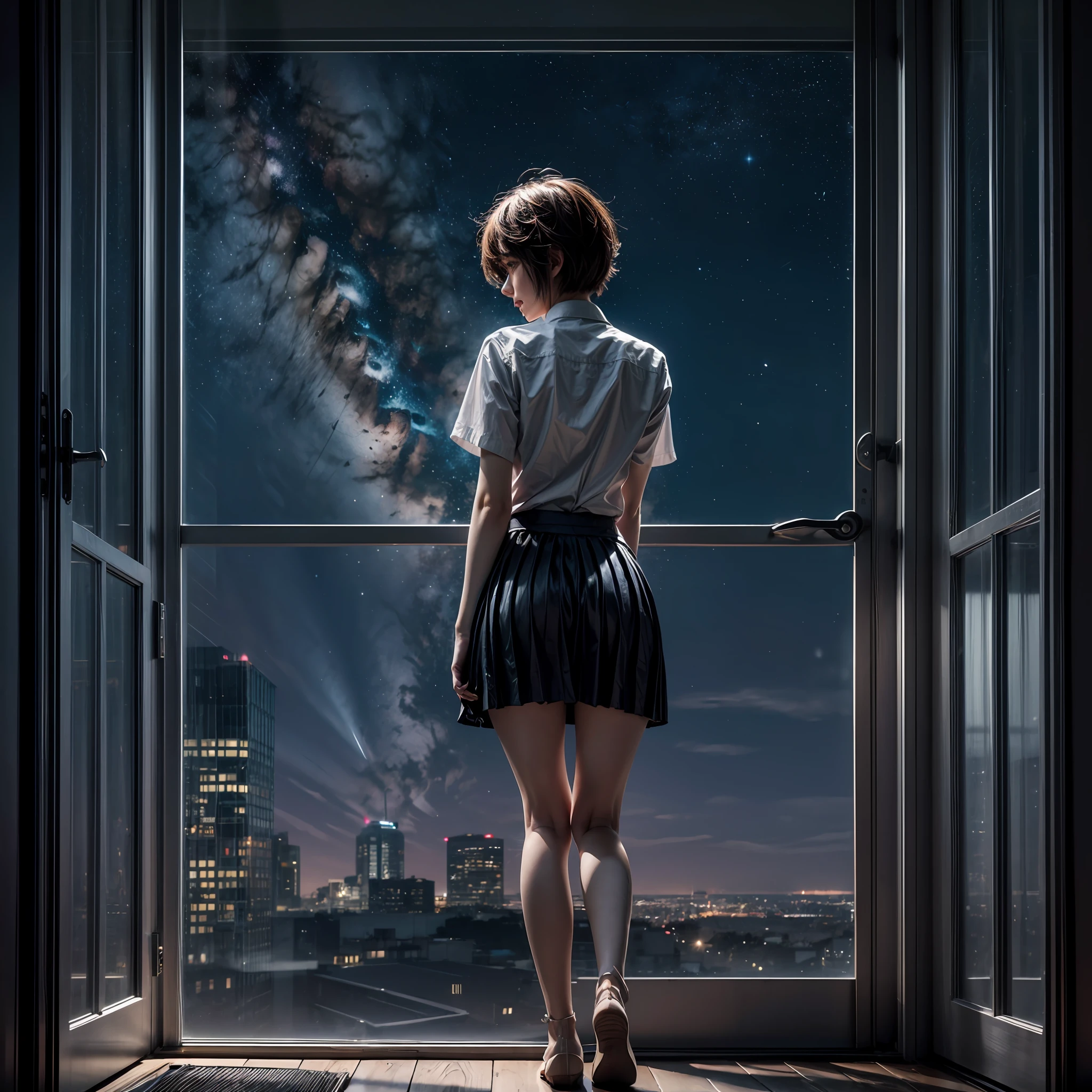largewindow,full body,front,1girl,(open legs:1.3),(skirt,:1.3),(standing:1.1),(short hair:1.4),(night , starry sky: 1.3), city, long hair, sliding doors, solo,
